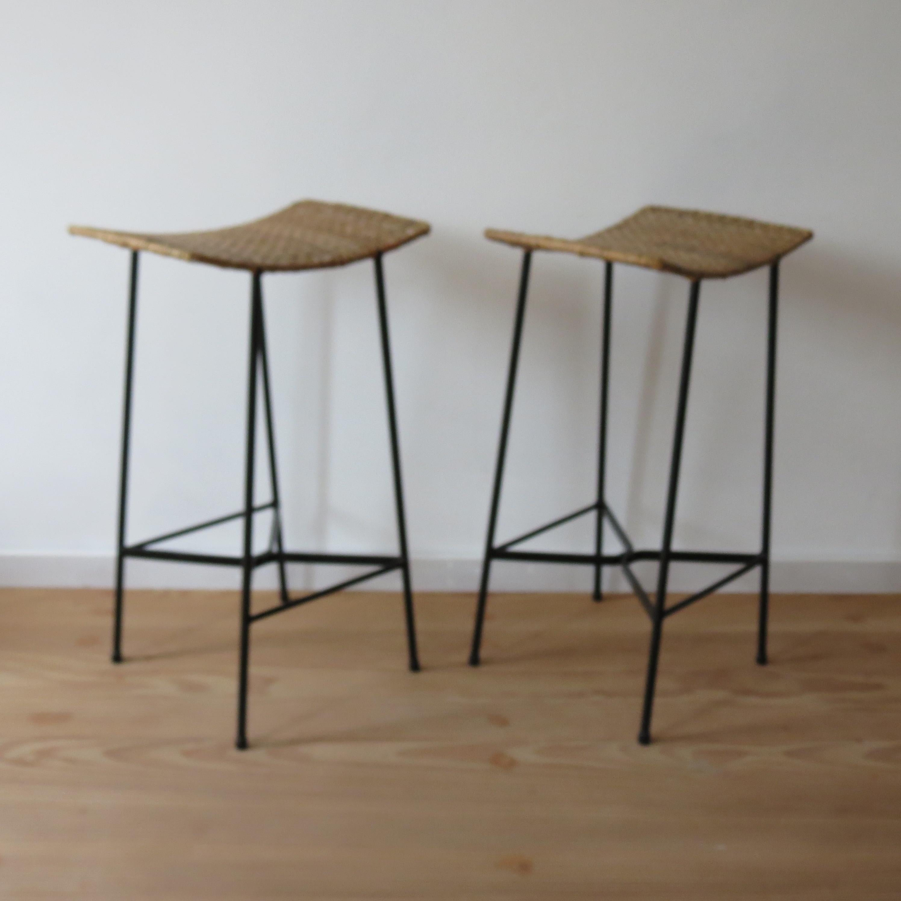 English Pair of 1960s Vintage Black Metal and Cane Wicker stools