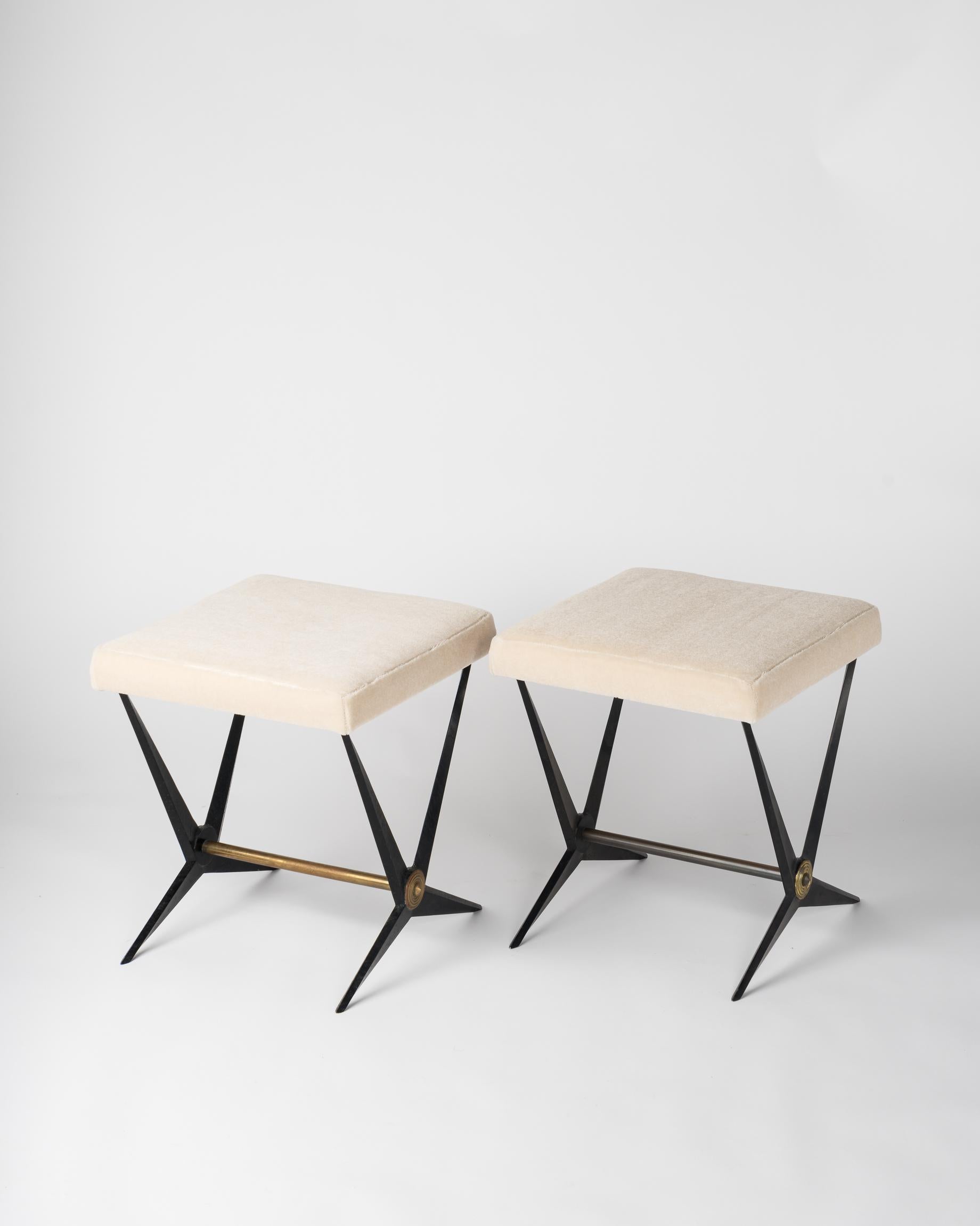 Italian Pair of 1960s Vintage Brass and Black Lacquered Steel Angelo Ostuni Stools