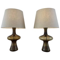 Pair of 1960s Vintage Green Danish Glass Lamps by Holmegaard