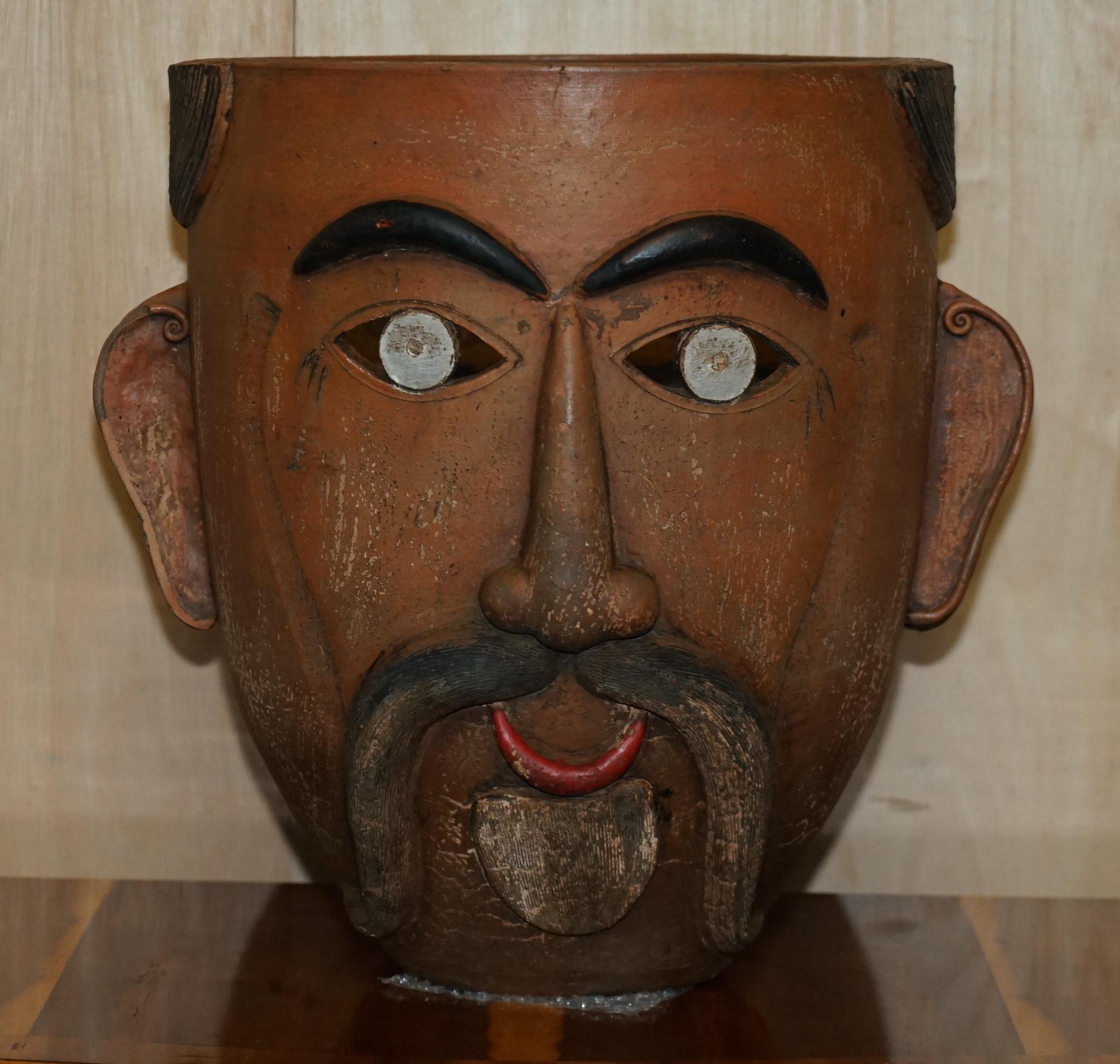 Pair of 1960's Vintage Mexican Folk Art Terracotta Head Face Planter Plant Pots For Sale 4