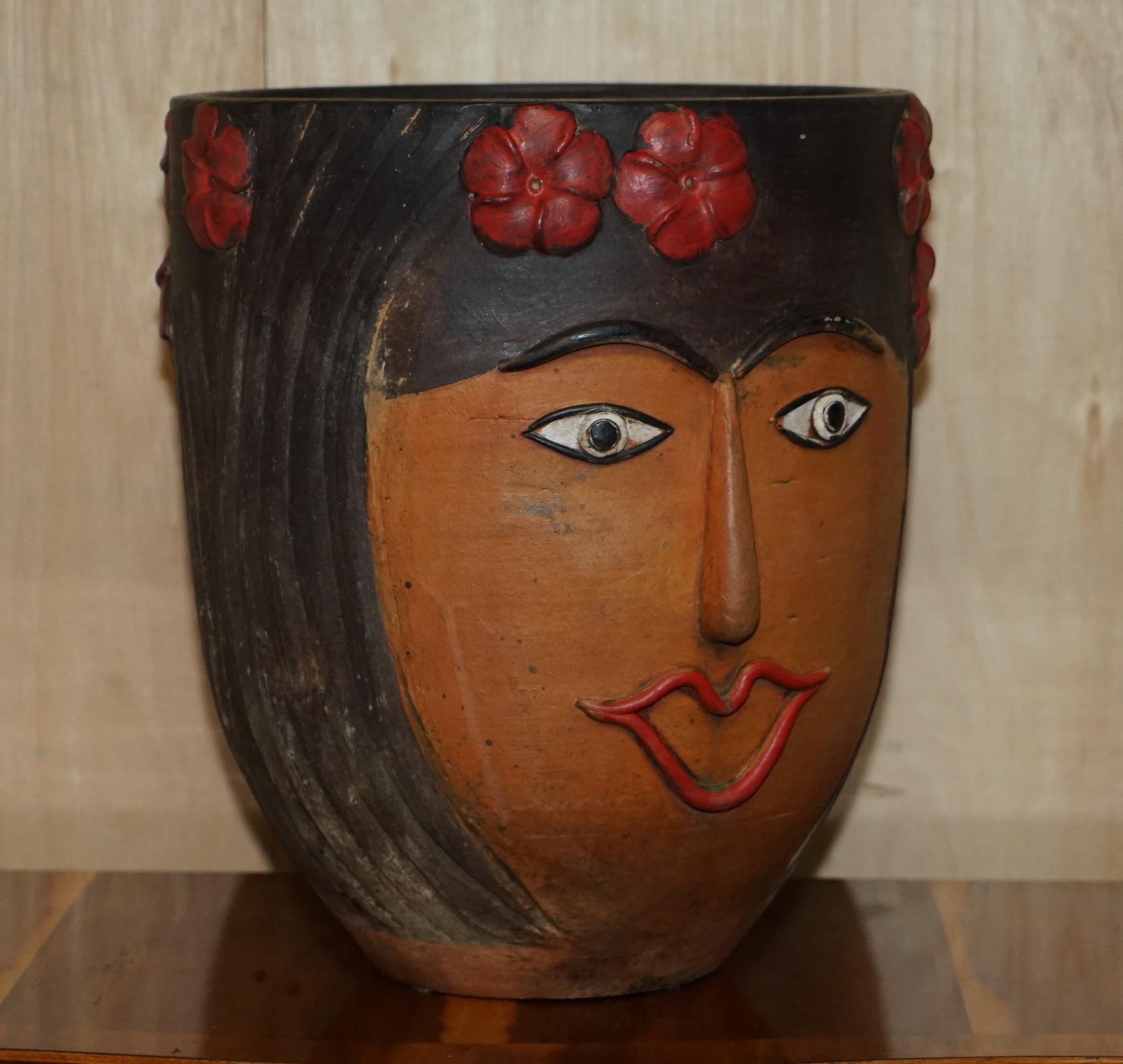 Pair of 1960's Vintage Mexican Folk Art Terracotta Head Face Planter Plant Pots For Sale 8