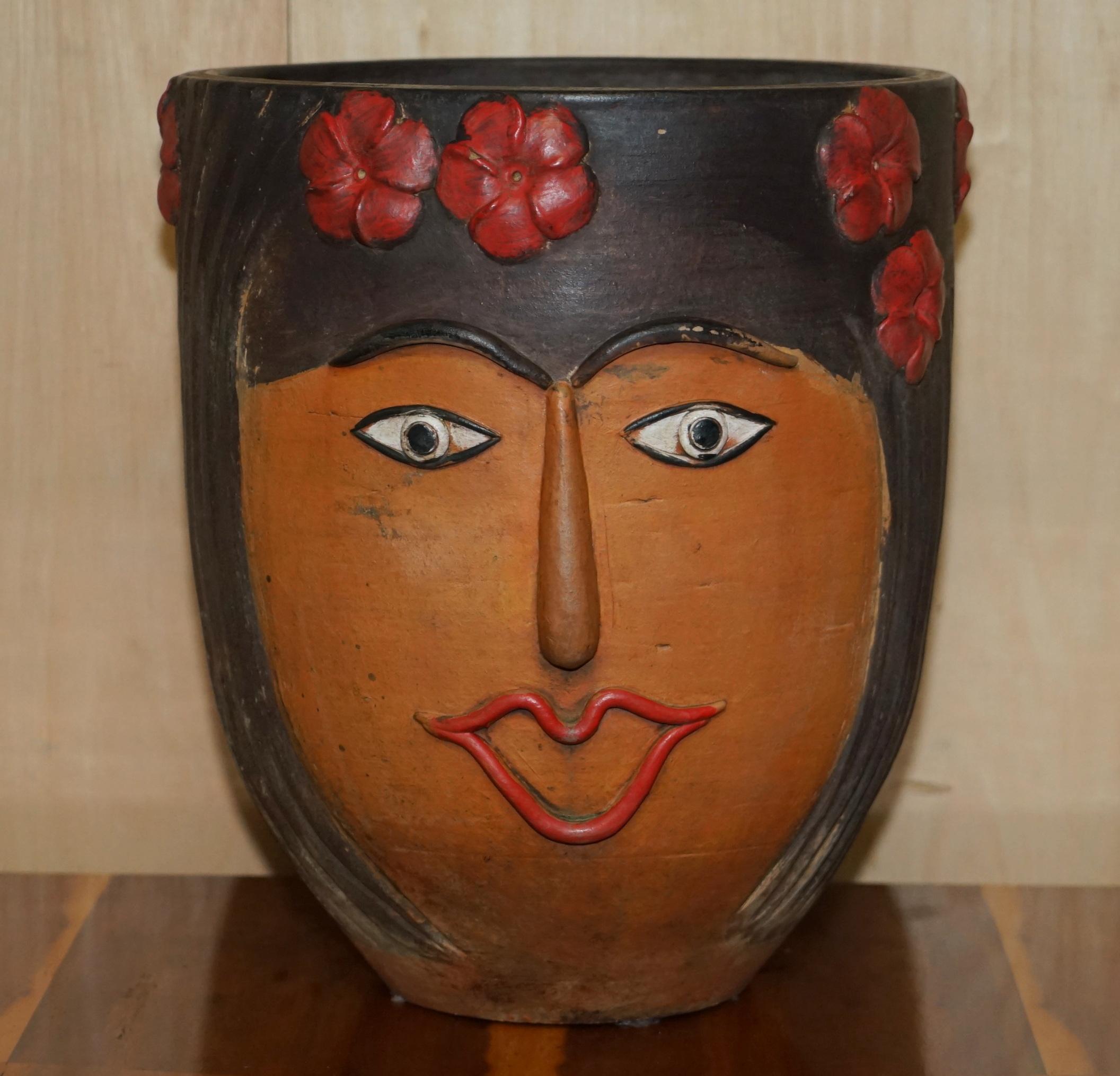 Pair of 1960's Vintage Mexican Folk Art Terracotta Head Face Planter Plant Pots For Sale 9