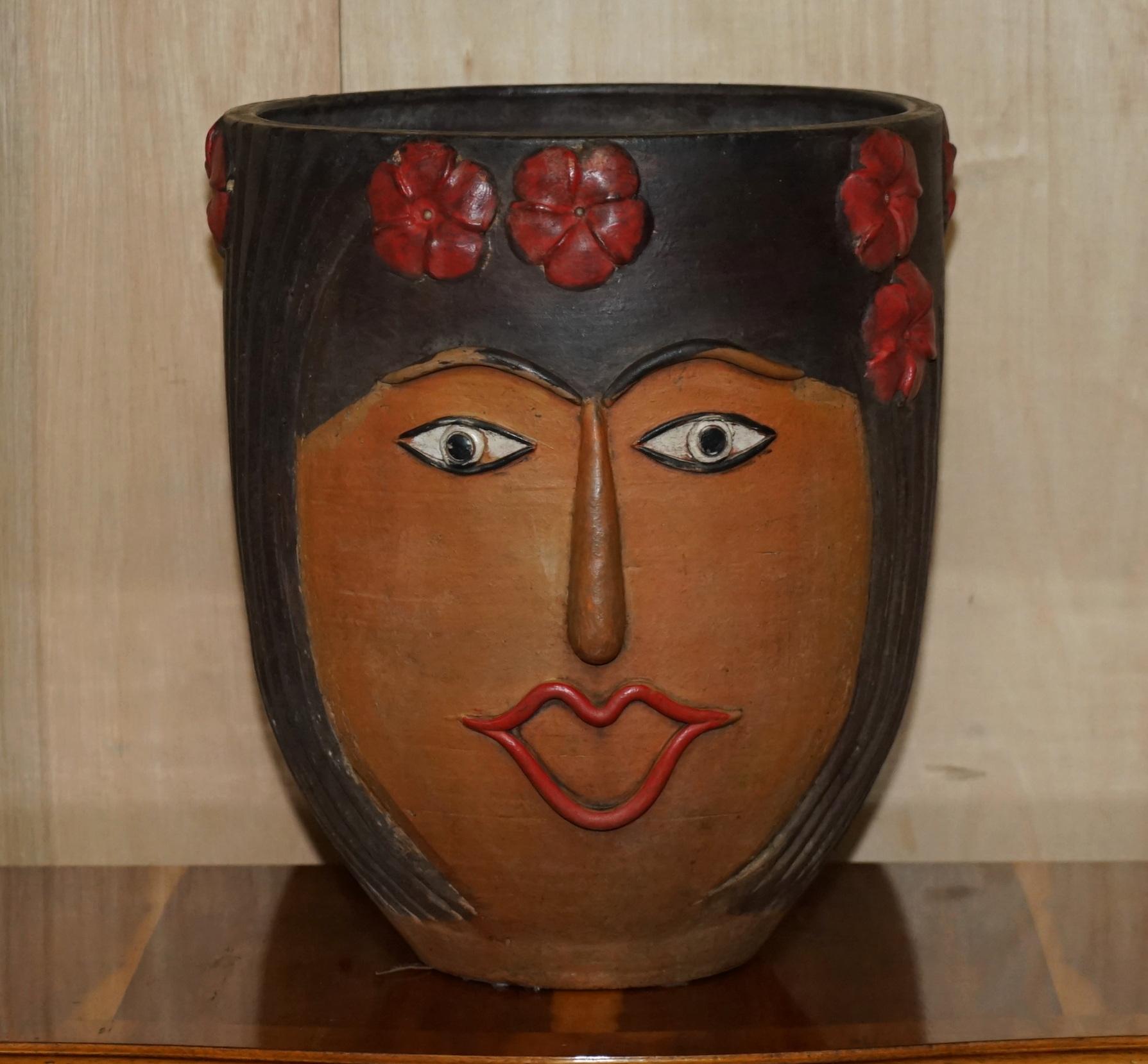 Pair of 1960's Vintage Mexican Folk Art Terracotta Head Face Planter Plant Pots For Sale 11