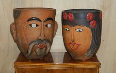 Pair of 1960's Vintage Mexican Folk Art Terracotta Head Face Planter Plant Pots