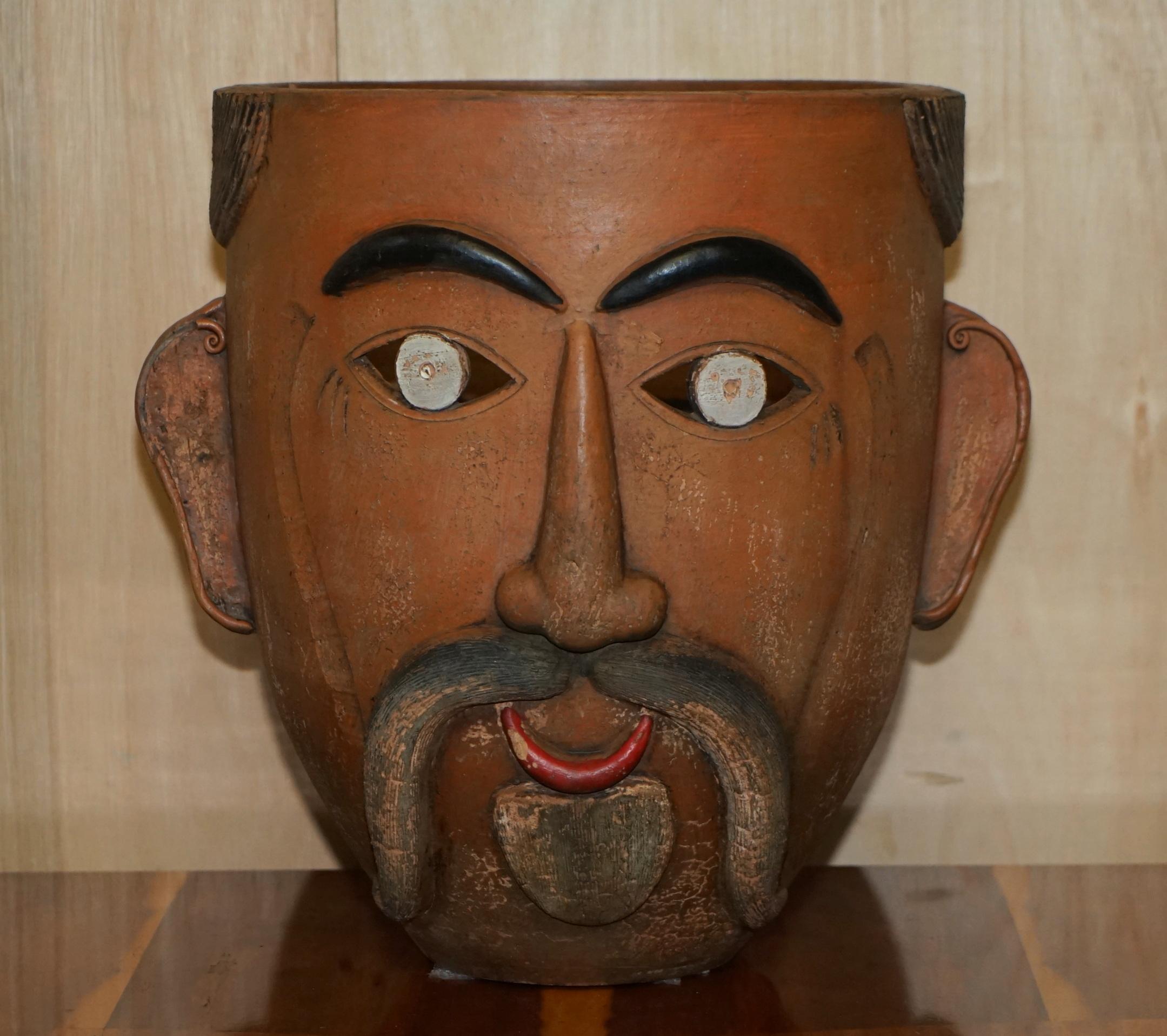 Mid-Century Modern Pair of 1960's Vintage Mexican Folk Art Terracotta Head Face Planter Plant Pots For Sale