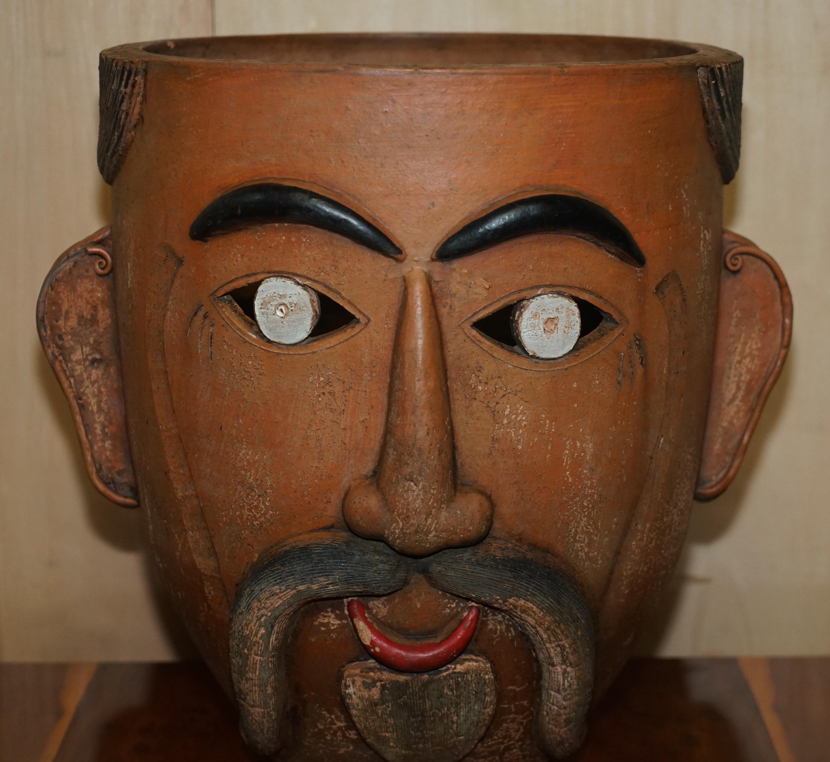 Hand-Painted Pair of 1960's Vintage Mexican Folk Art Terracotta Head Face Planter Plant Pots For Sale