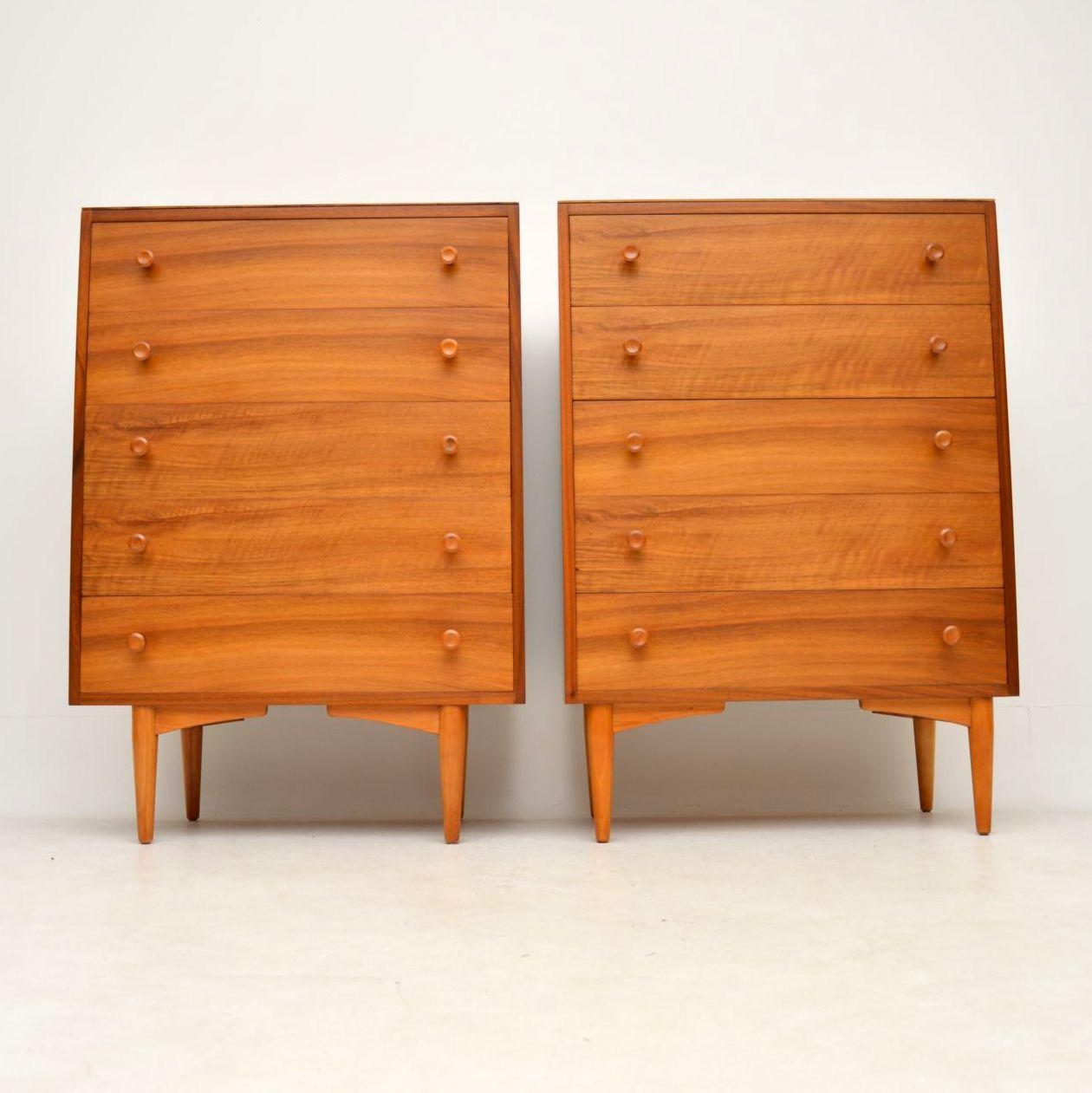 A beautiful pair of matching vintage walnut chest of drawers, these date from the 1960s. It’s really hard to find a large matching pair like this, especially ones that are so beautifully designed. They have lots of storage space, have stunning