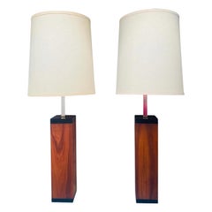 Pair of 1960s Walnut Column Cube Lamps