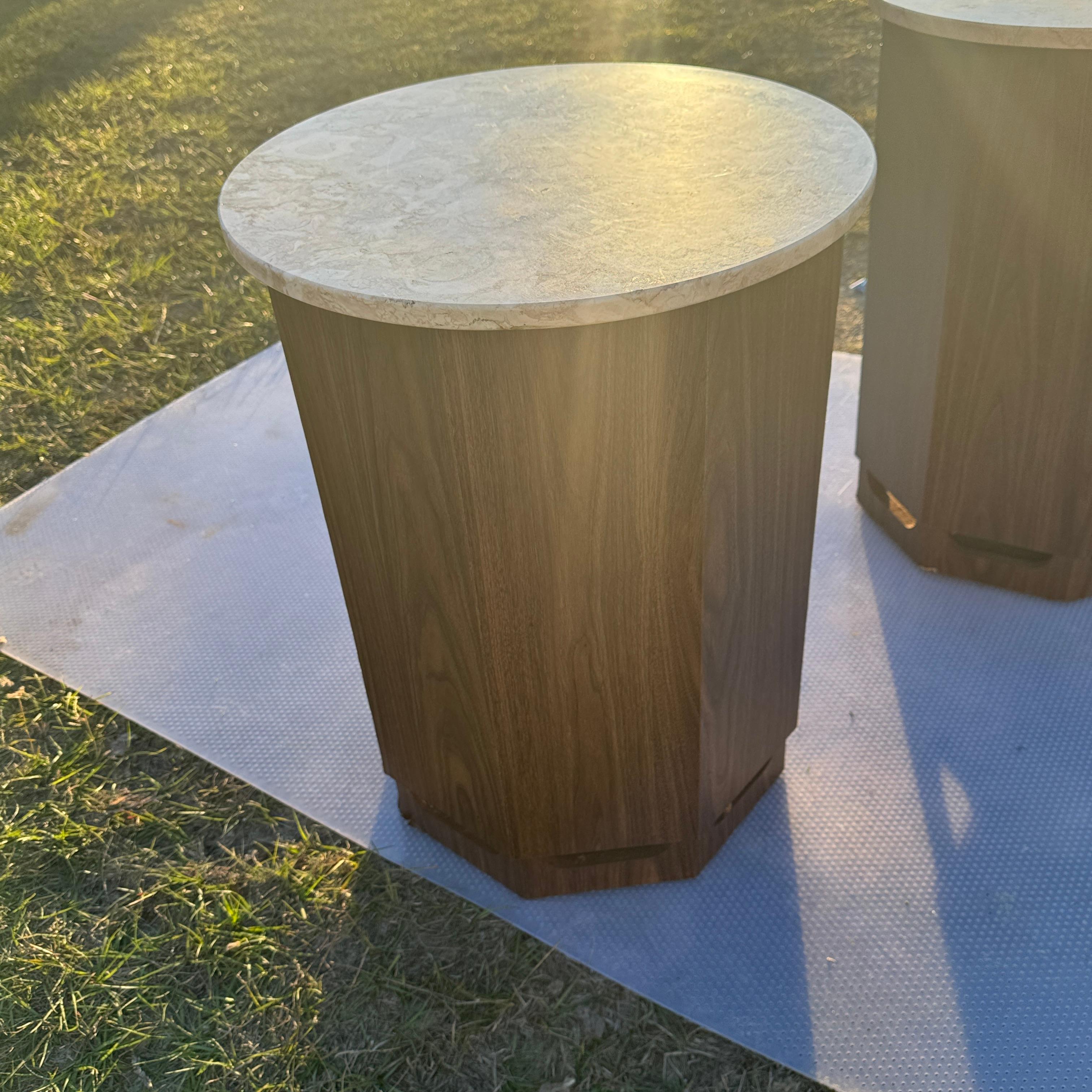 Pair of 1960s Walnut Laminate and Marble Columnar End Table Speakers For Sale 2