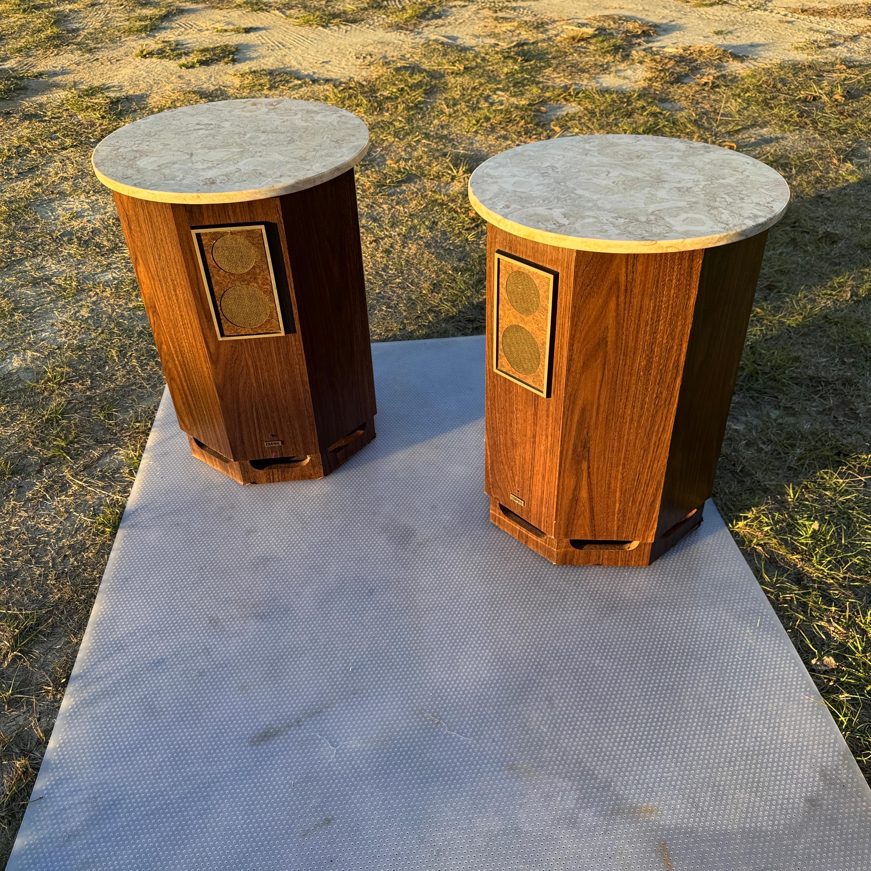 American Pair of 1960s Walnut Laminate and Marble Columnar End Table Speakers For Sale