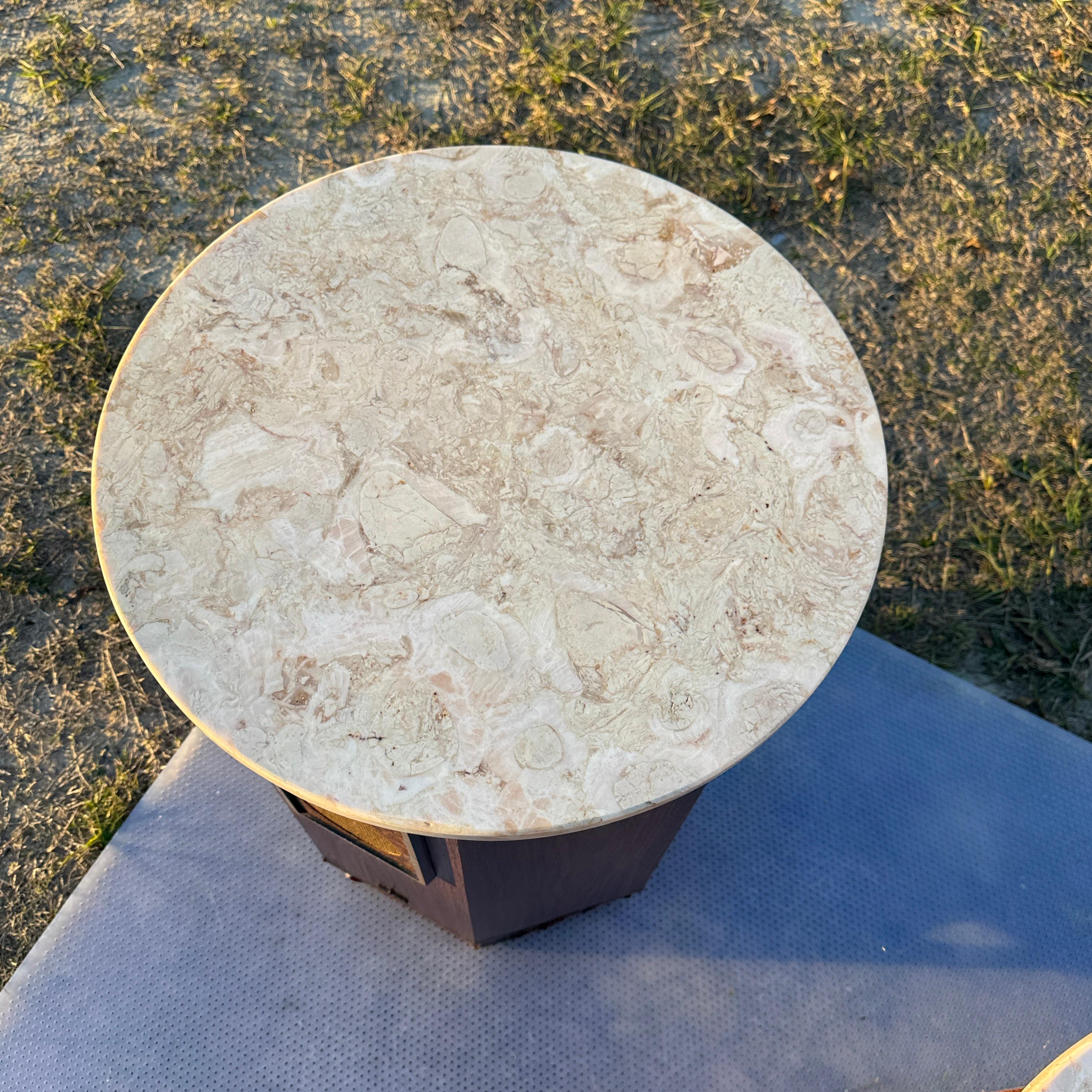 Metal Pair of 1960s Walnut Laminate and Marble Columnar End Table Speakers For Sale