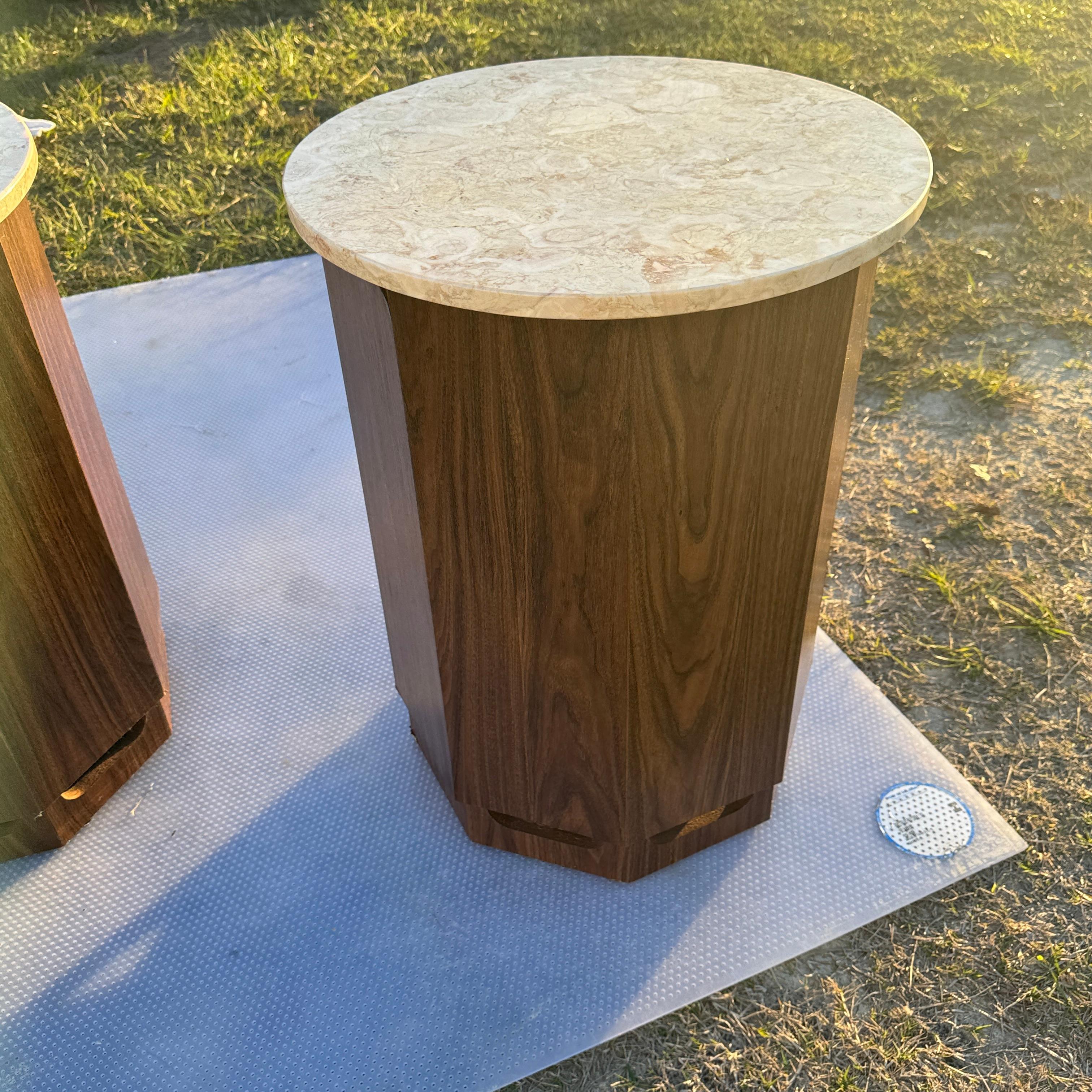 Pair of 1960s Walnut Laminate and Marble Columnar End Table Speakers For Sale 1