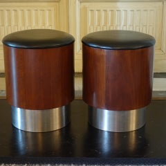 Pair of 1960's Walnut Stools Leatherette and Brushed Chrome Details