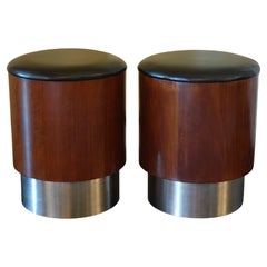 Pair of 1960's Walnut Stools Leatherette and Brushed Chrome Details