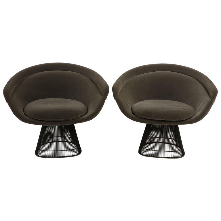 Pair of 1960s Warren Platner for Knoll Bronze Lounge Chairs, Grey Velvet 1