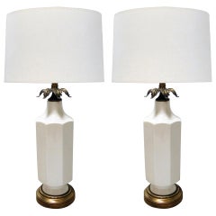 Pair of 1960
s White-Glazed Octagonal Lamps with Bronze Foliate Fittings