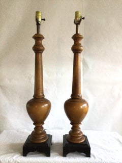 Pair of 1960s Wooden Lamps on Black Wood Base