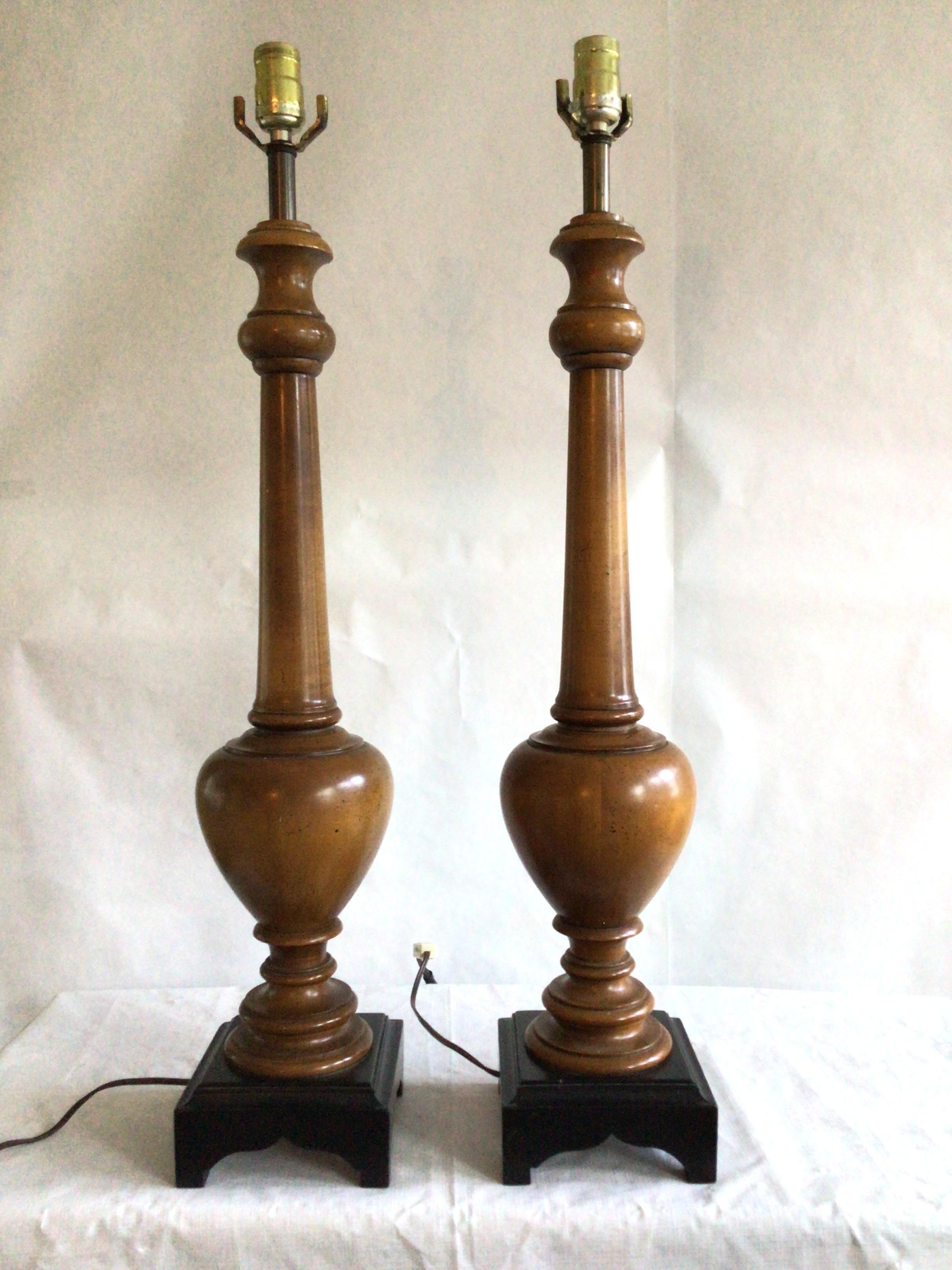 Pair of 1960s Wooden Lamps on Black Wood Base In Good Condition For Sale In Tarrytown, NY