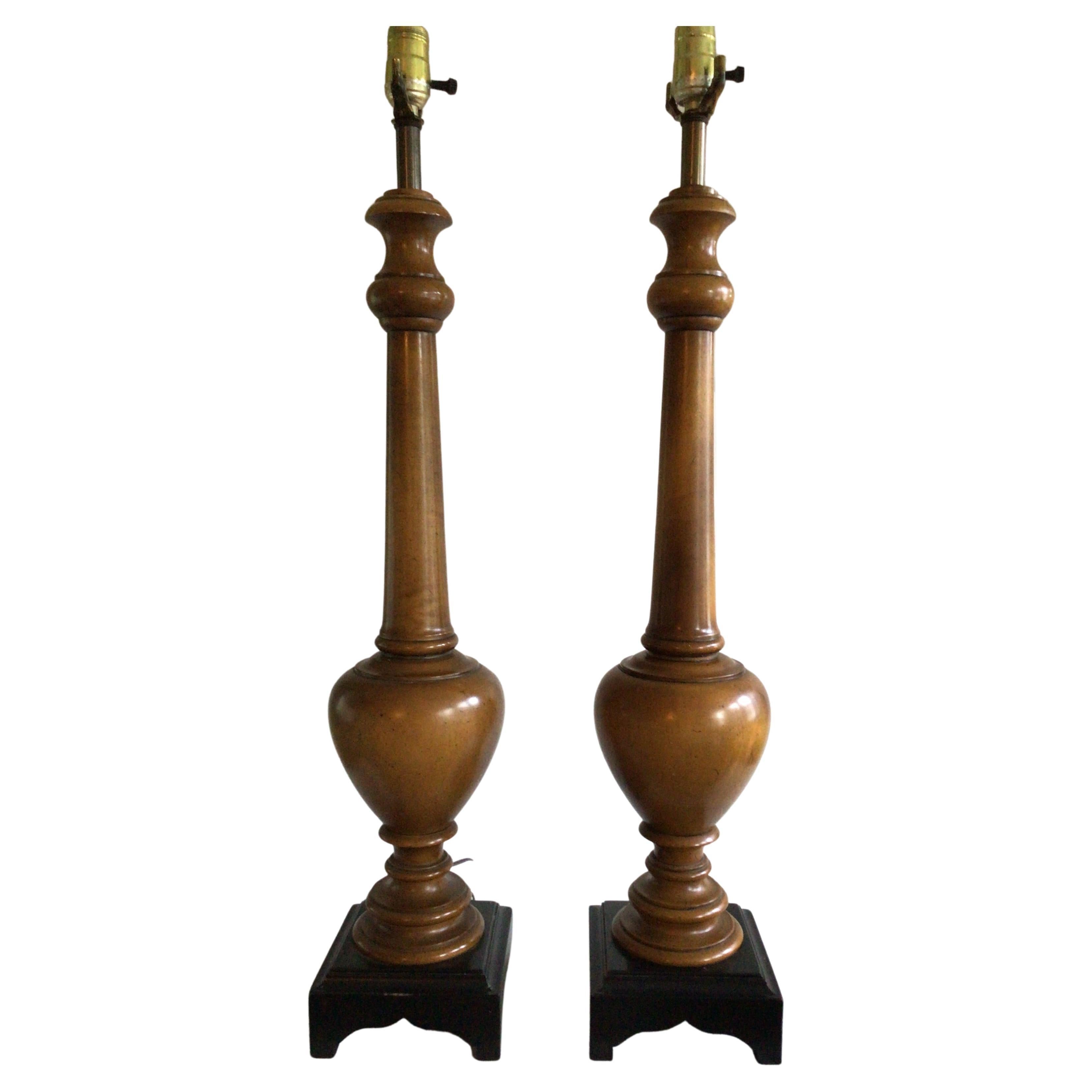 Pair of 1960s Wooden Lamps on Black Wood Base For Sale
