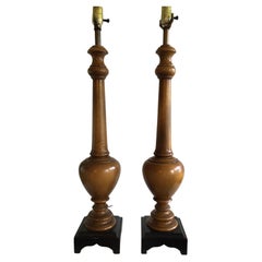 Pair of 1960s Wooden Lamps on Black Wood Base