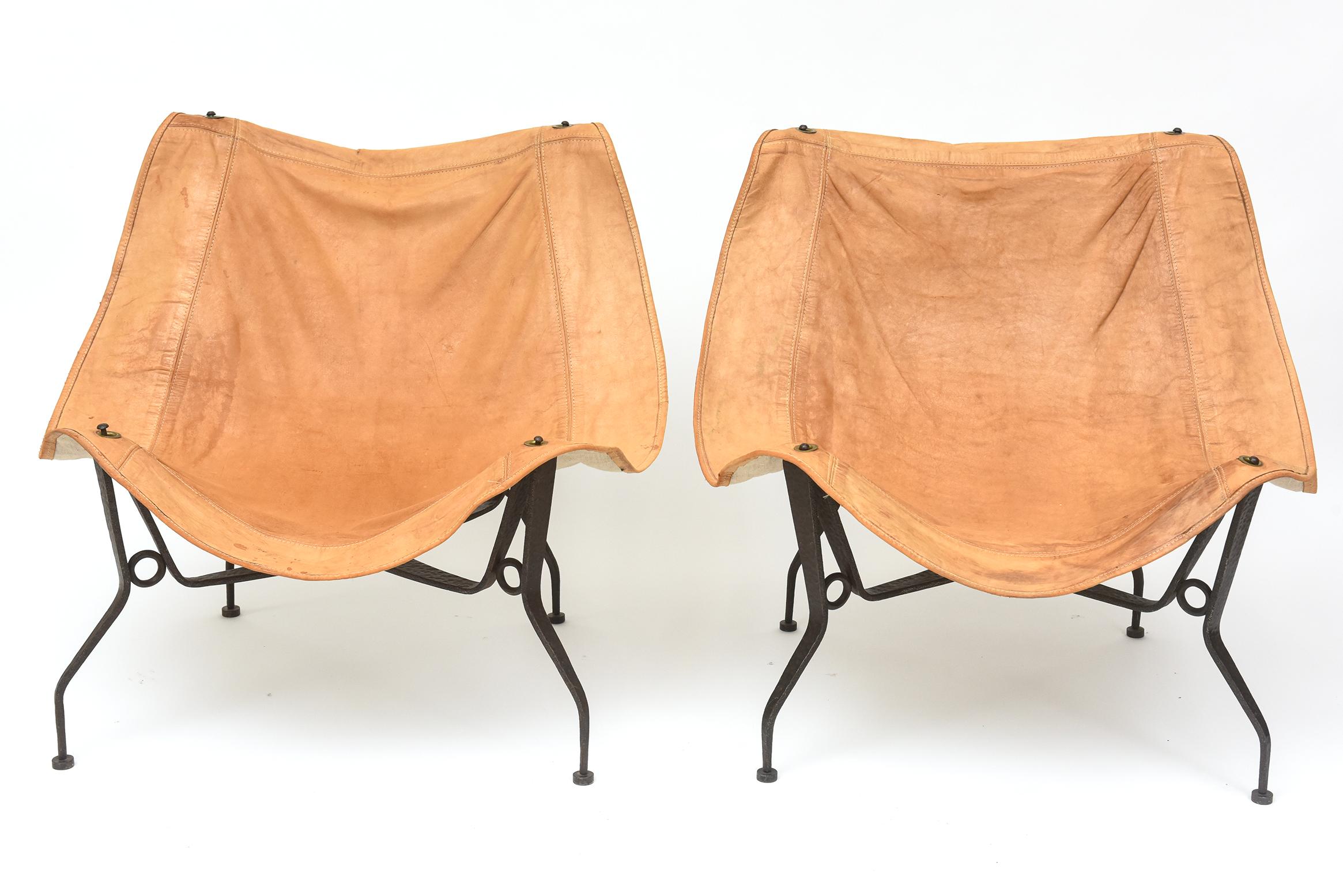 Organic Modern Pair of 1960's Wrought Iron and Leather Sling Chairs
