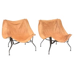 Pair of 1960's Wrought Iron and Leather Sling Chairs