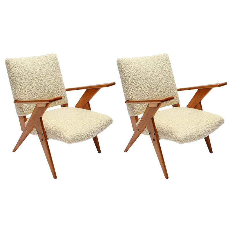 Pair of 1960s Zanine Brazilian Armchairs in Ivory Boucle