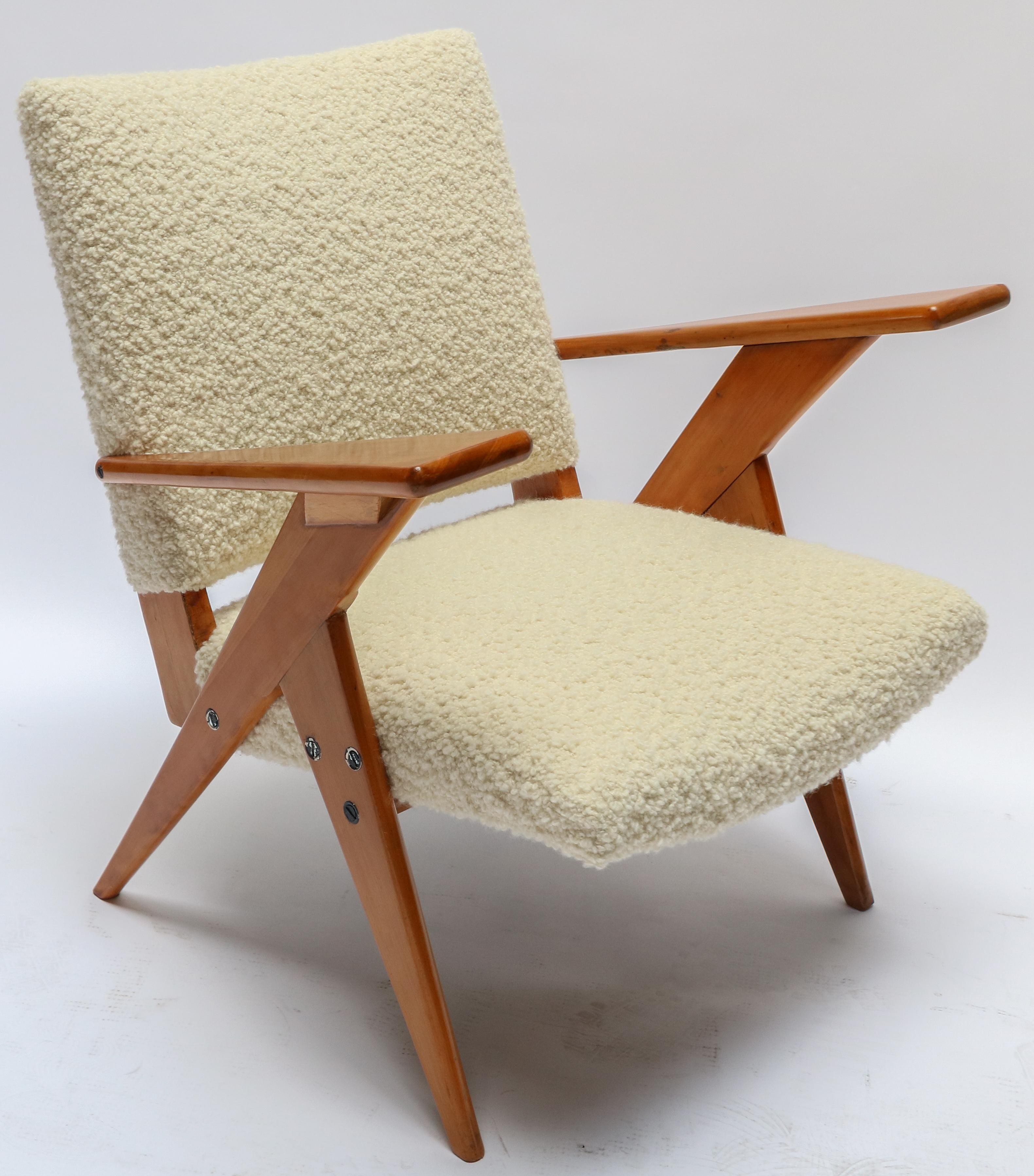 Pair of 1960s Brazilian armchairs by Zanine upholstered in Pau Marfim wood and alpaca and wool bouclé.