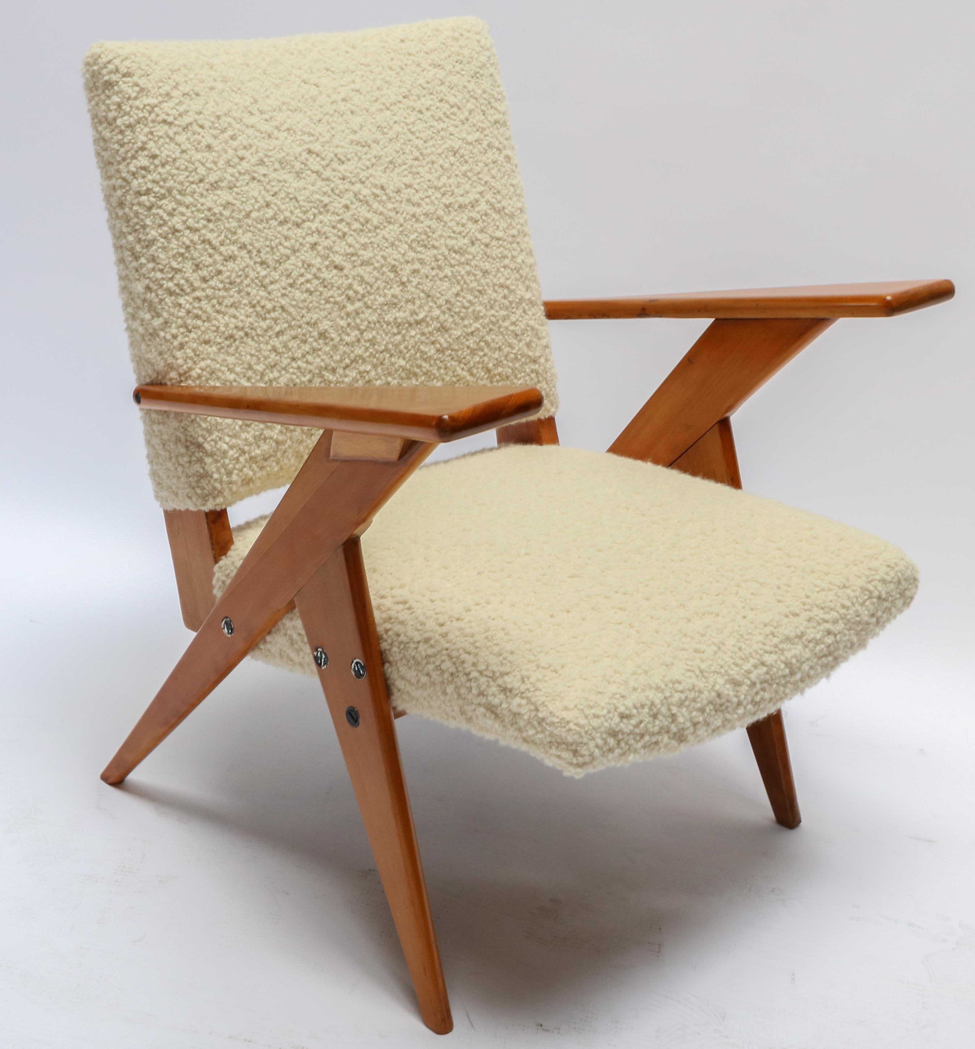Pair of 1960s Zanine Brazilian Armchairs in Ivory Boucle 1
