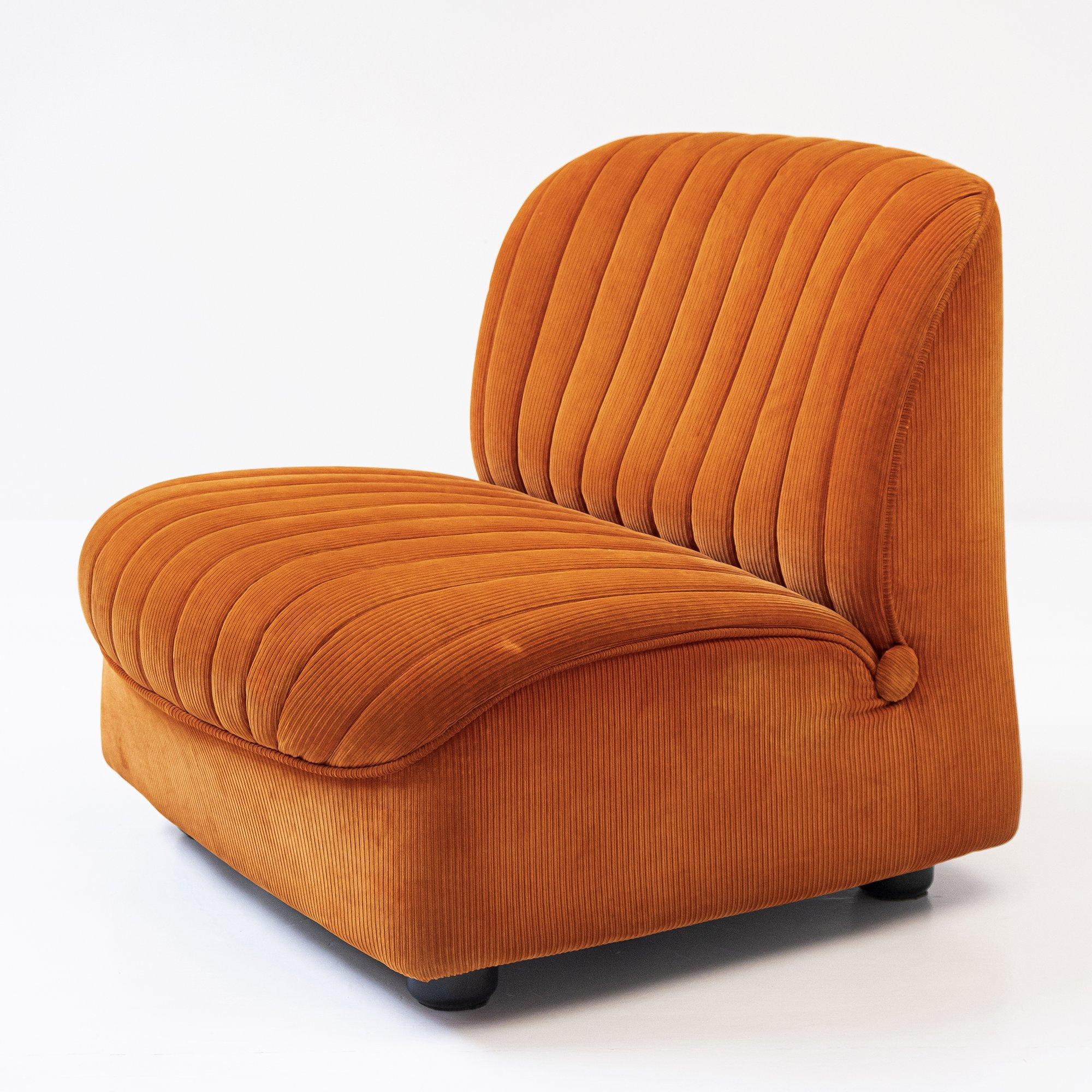 Beautiful and chic pair of Ciprea armchairs by the legendary Afra and Tobia Scarpa for Cassina. Made in Italy in 1968, covered with original burnt orange velvet. A predecessor to the Bambole Sofa by Mario Bellini, these chairs stand alone