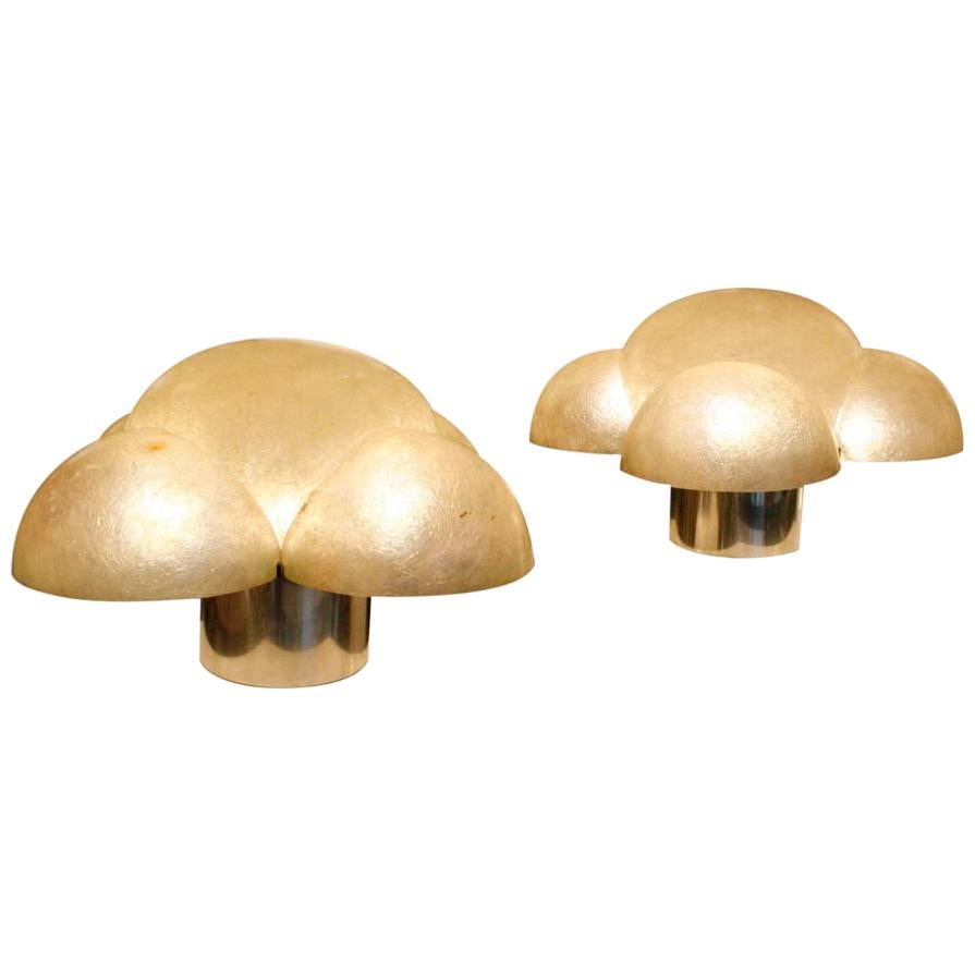 A rare iconic pair of Luna table lamps. 1968 Italian design by Gianemilio Piero & Anna Monti, shade made of fibre glass with a cylindrical chromed brass base.
Five-light each on a two way switch. Made in Italy, circa 1968
Published. It is indeed