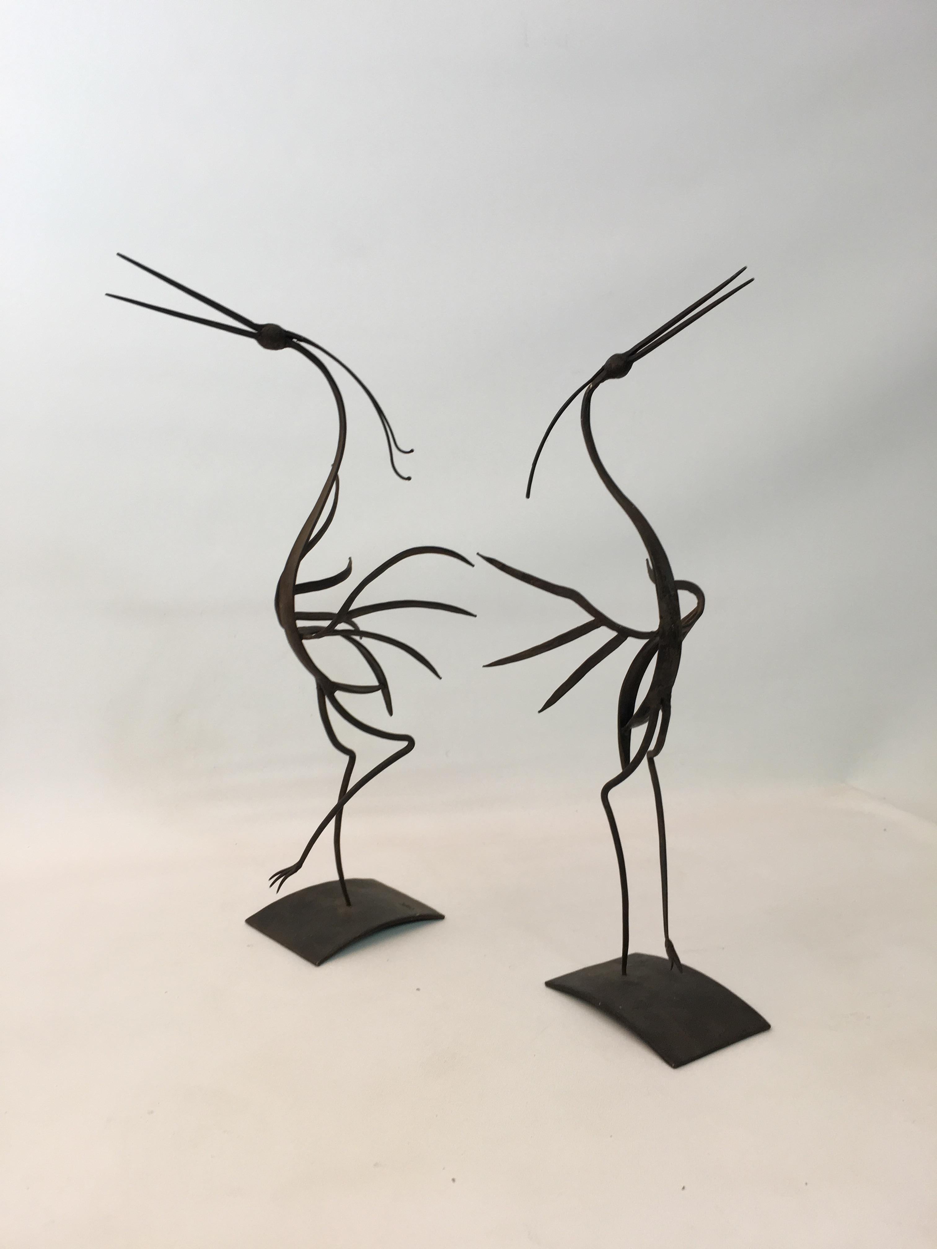 Mid-Century Modern Pair of 1968 Studio Metal Dancing Bird Sculptures For Sale