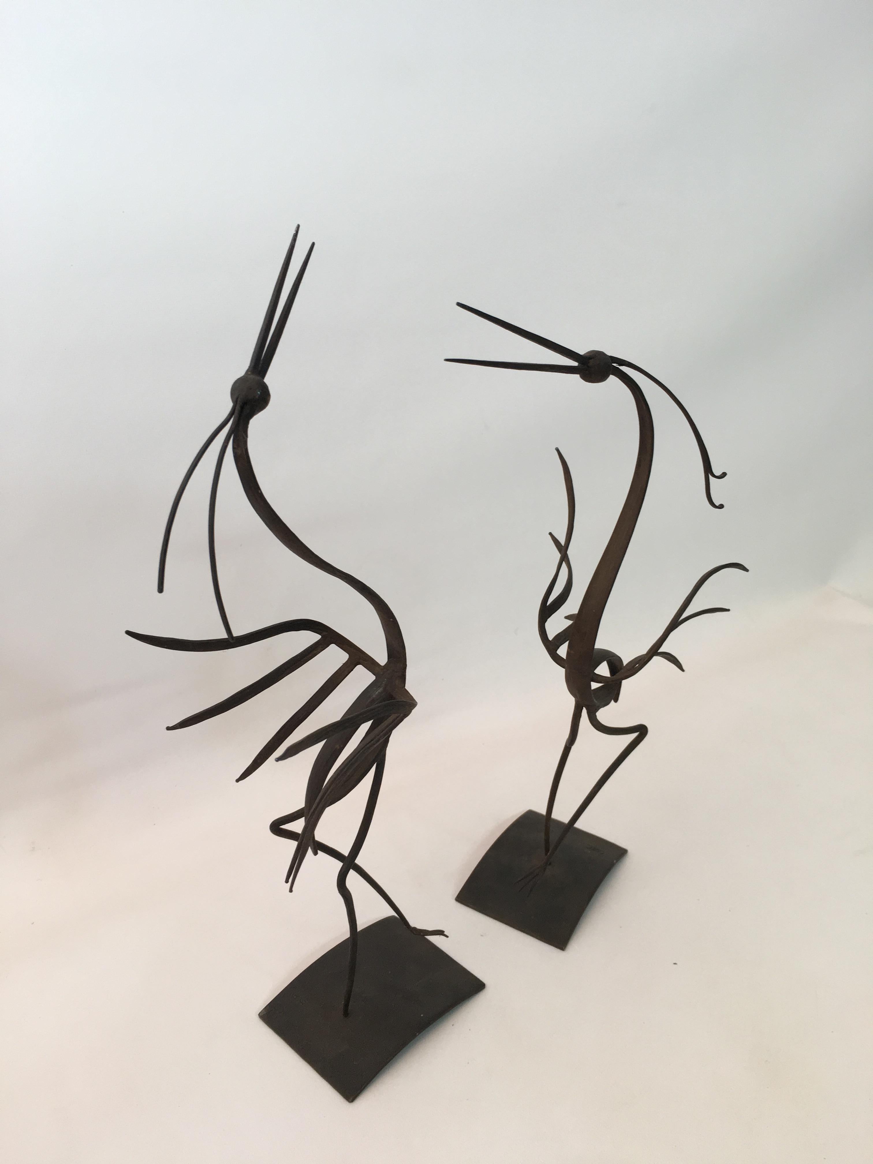 Mid-20th Century Pair of 1968 Studio Metal Dancing Bird Sculptures For Sale