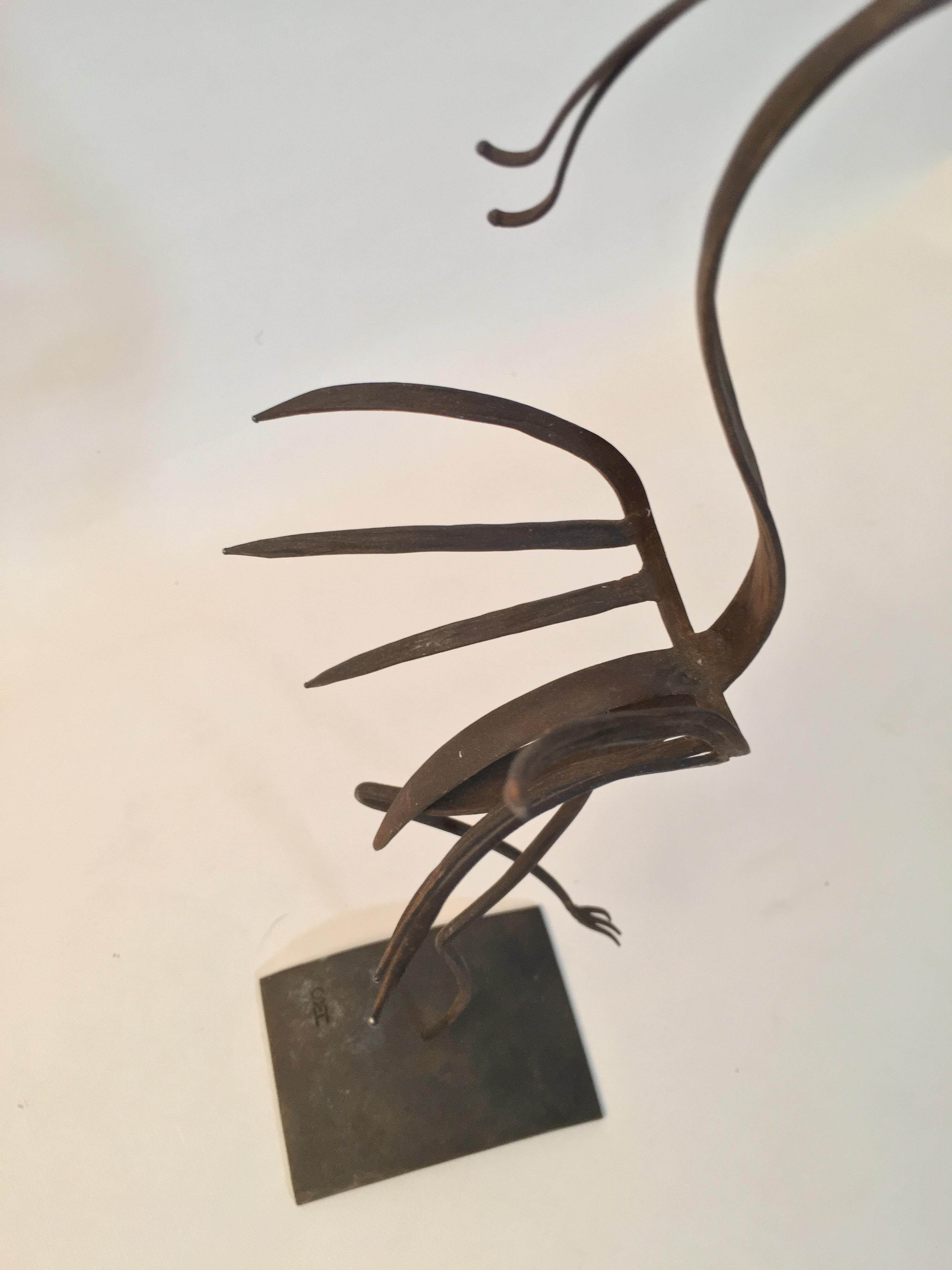 Wrought Iron Pair of 1968 Studio Metal Dancing Bird Sculptures For Sale