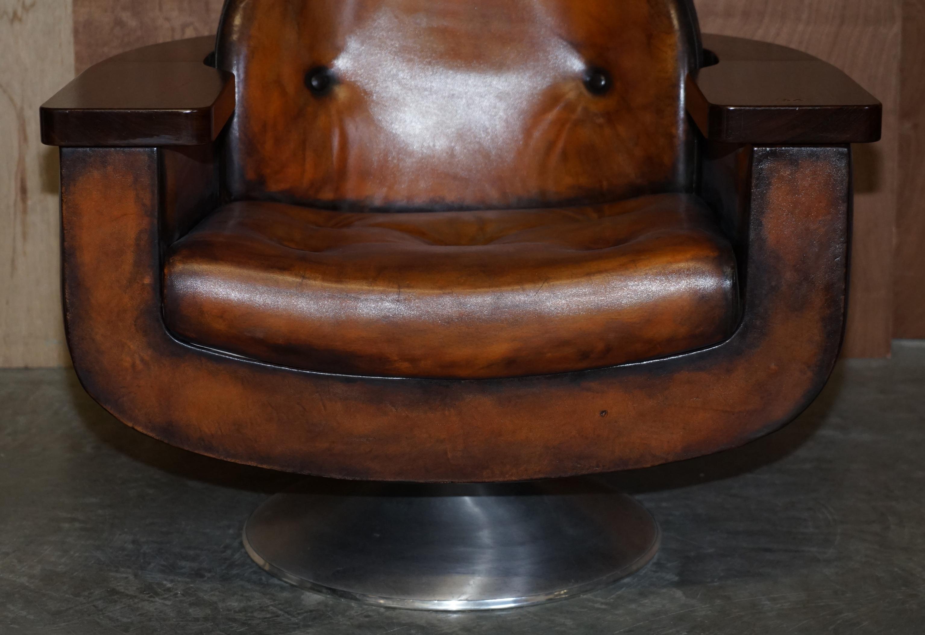 PAIR OF 1969 PETER HOYTE WHiSKY BROWN LEATHER HARDWOOD ARMCHAIRS FULLY RESTORED 1