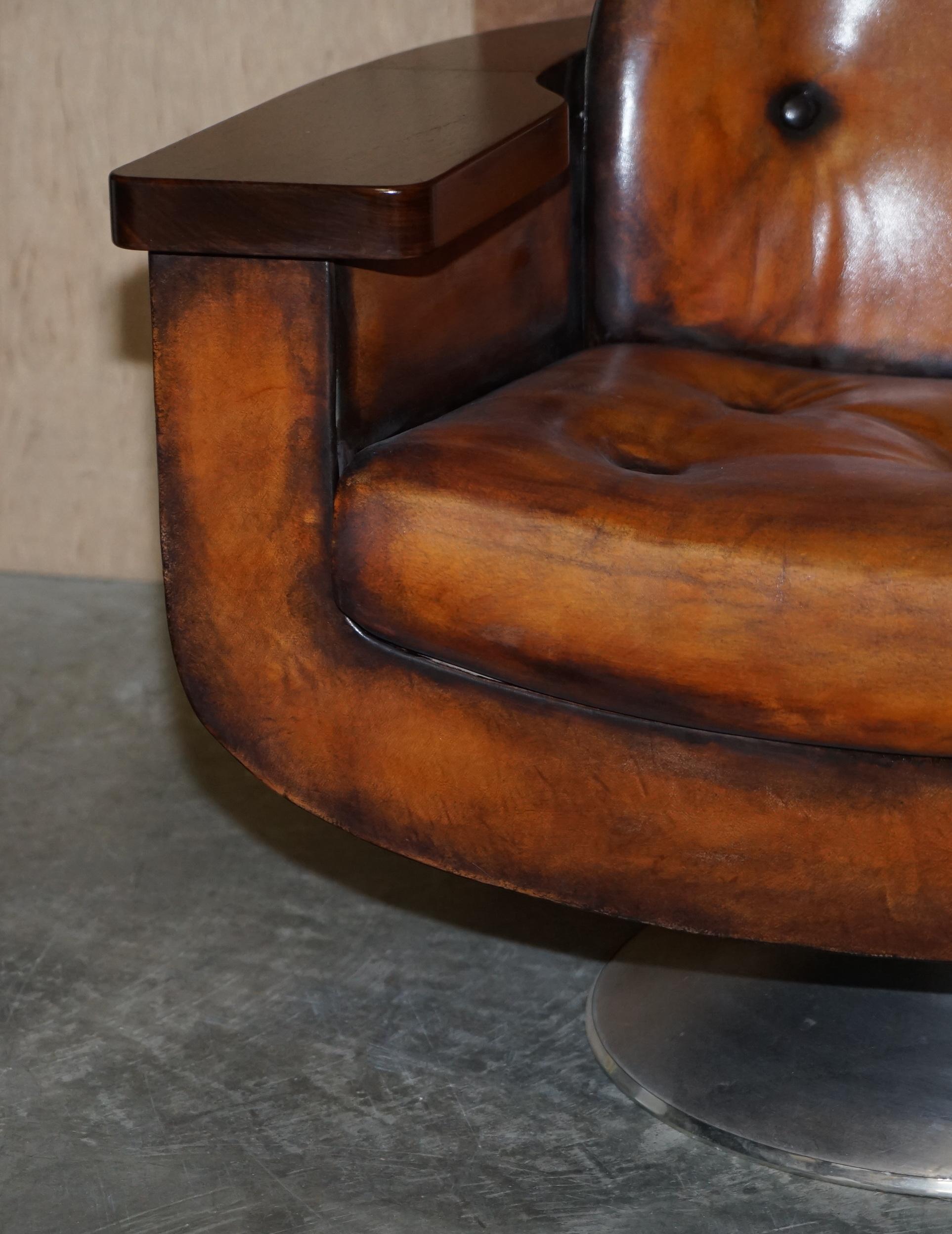 PAIR OF 1969 PETER HOYTE WHiSKY BROWN LEATHER HARDWOOD ARMCHAIRS FULLY RESTORED 1