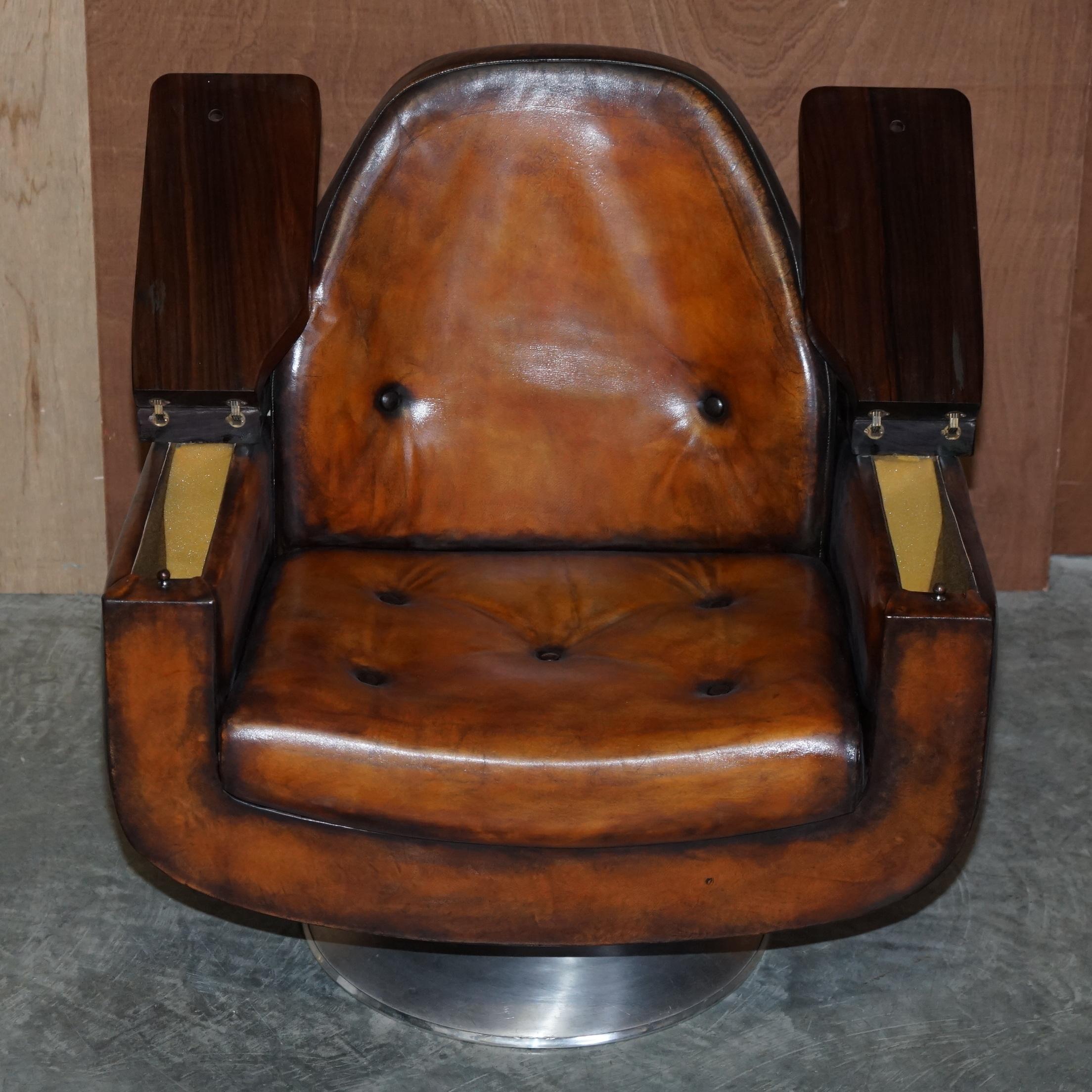 PAIR OF 1969 PETER HOYTE WHiSKY BROWN LEATHER HARDWOOD ARMCHAIRS FULLY RESTORED 3