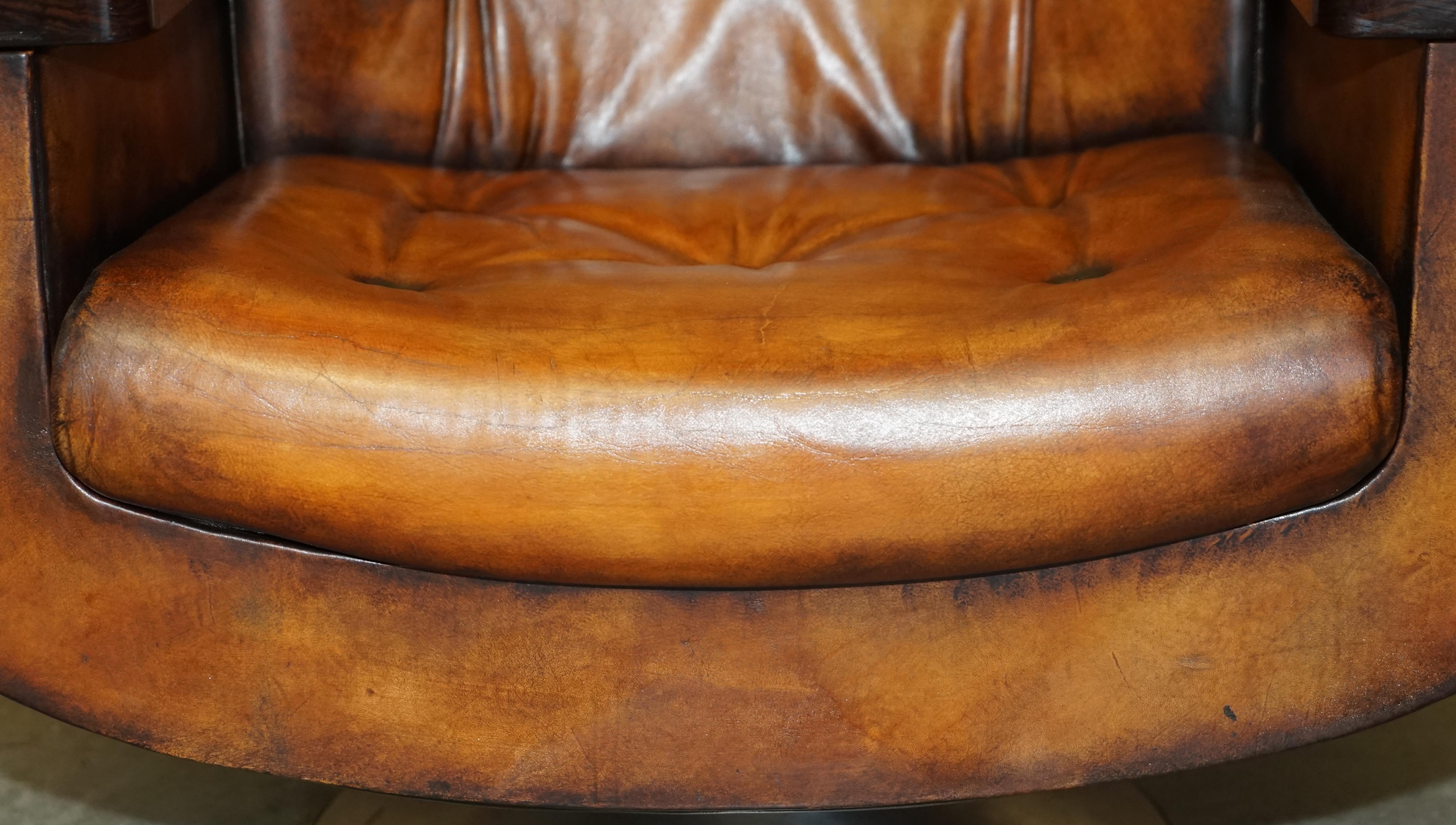 English Pair of 1969 Peter Hoyte Whisky Brown Leather Hardwood Armchairs Fully Restored For Sale