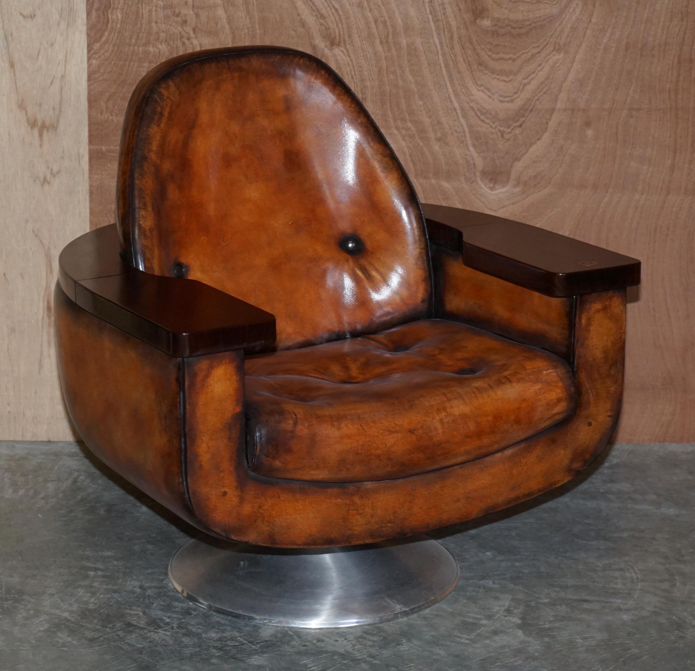 PAIR OF 1969 PETER HOYTE WHiSKY BROWN LEATHER HARDWOOD ARMCHAIRS FULLY RESTORED 7