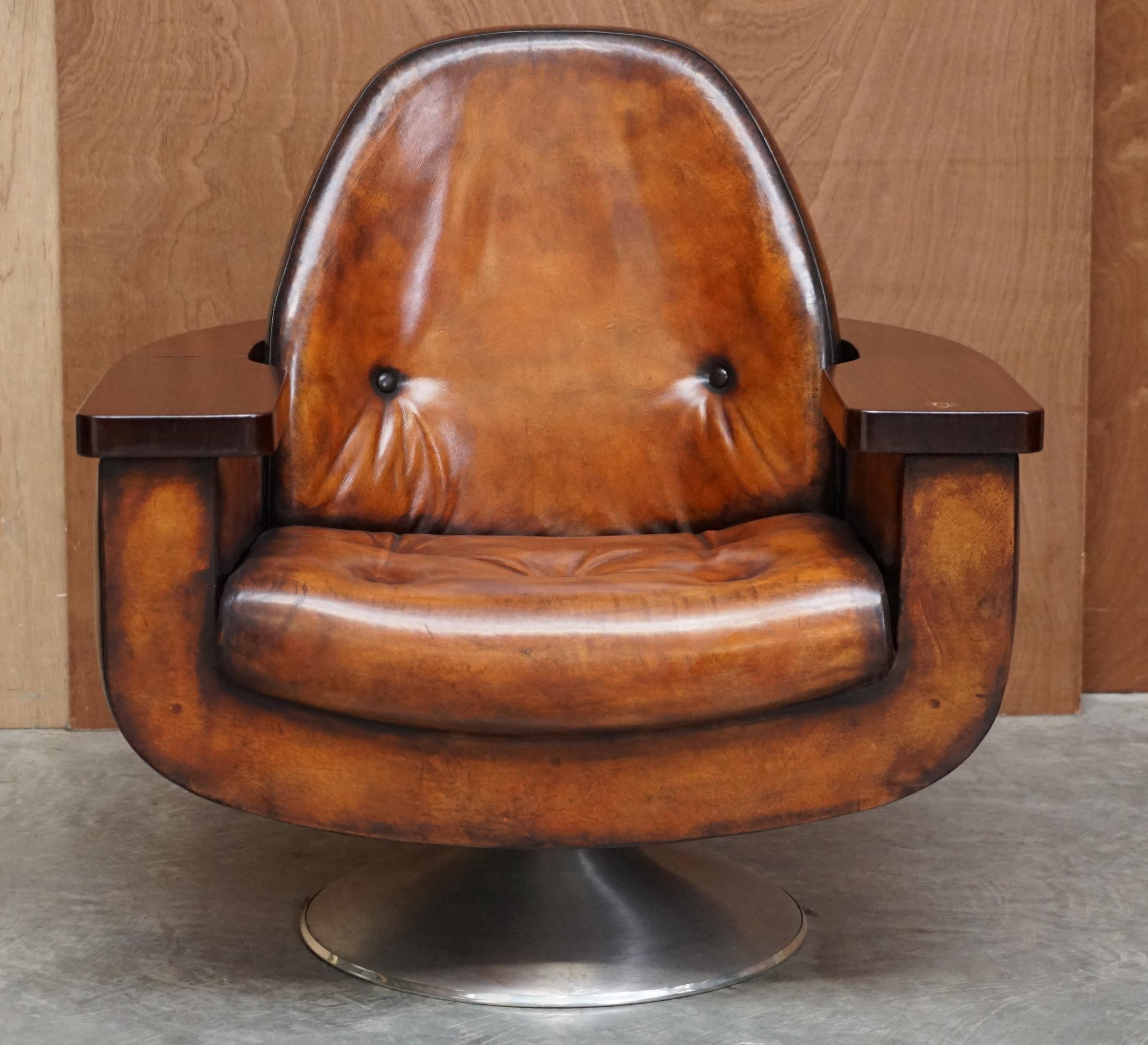 PAIR OF 1969 PETER HOYTE WHiSKY BROWN LEATHER HARDWOOD ARMCHAIRS FULLY RESTORED 9