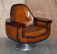 PAIR OF 1969 PETER HOYTE WHiSKY BROWN LEATHER HARDWOOD ARMCHAIRS FULLY RESTORED