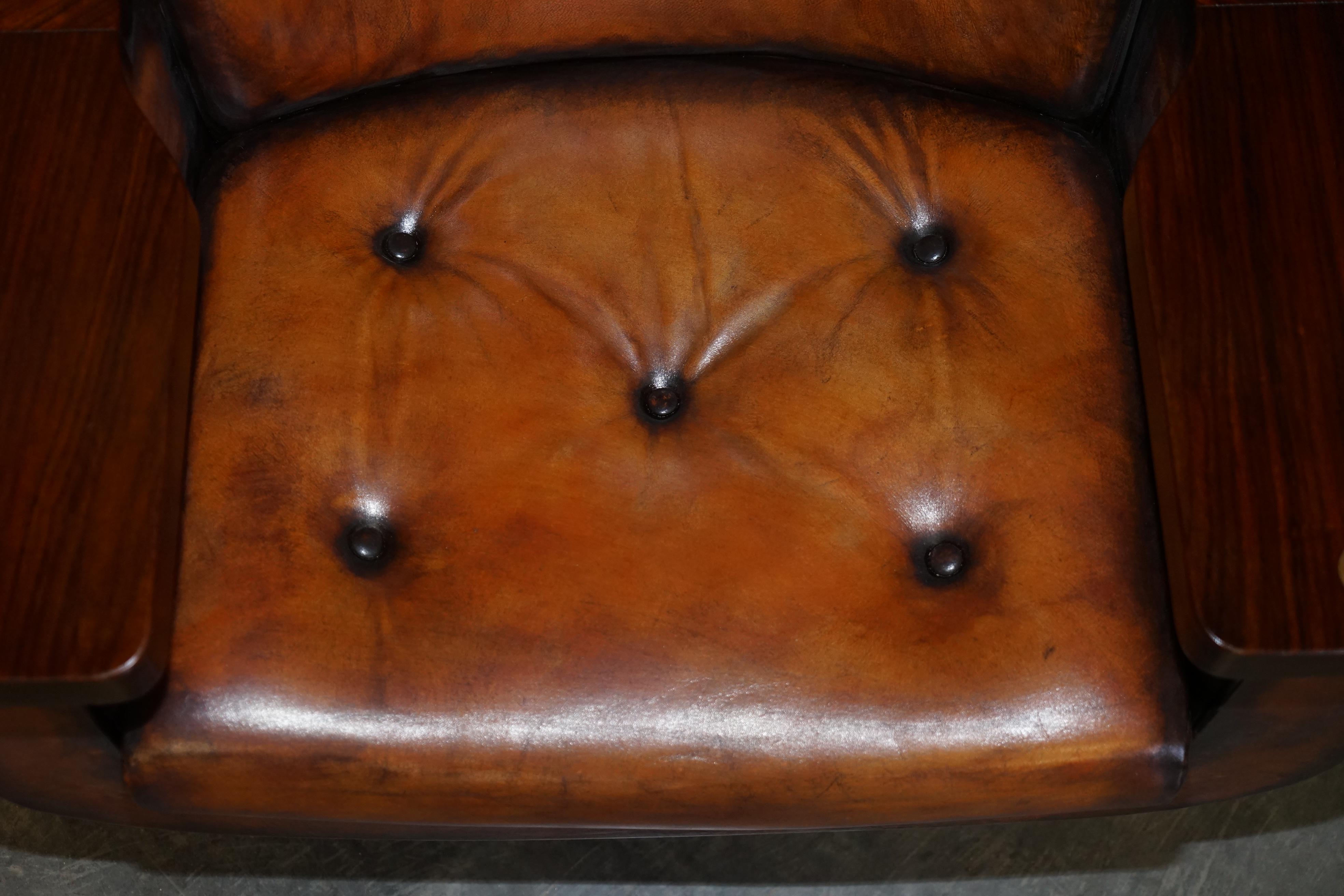 English PAIR OF 1969 PETER HOYTE WHiSKY BROWN LEATHER HARDWOOD ARMCHAIRS FULLY RESTORED