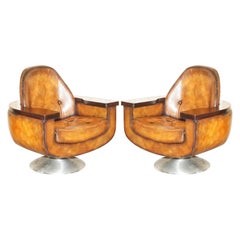 Vintage Pair of 1969 Peter Hoyte Whisky Brown Leather Hardwood Armchairs Fully Restored