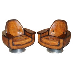 PAIR OF 1969 PETER HOYTE WHiSKY BROWN LEATHER HARDWOOD ARMCHAIRS FULLY RESTORED