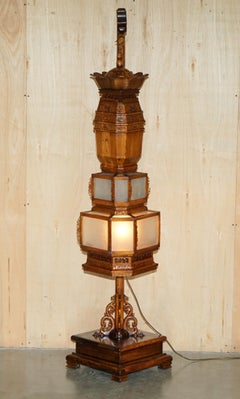 PAIR OF 196CM TALL DRAGON FLOOR STANDING ORNAELTY CARVED CHINESE PAGODA LAMPs