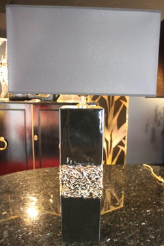 Pair of 1970 Ceramic Lamps in Black Lacquer and Gold Decoration