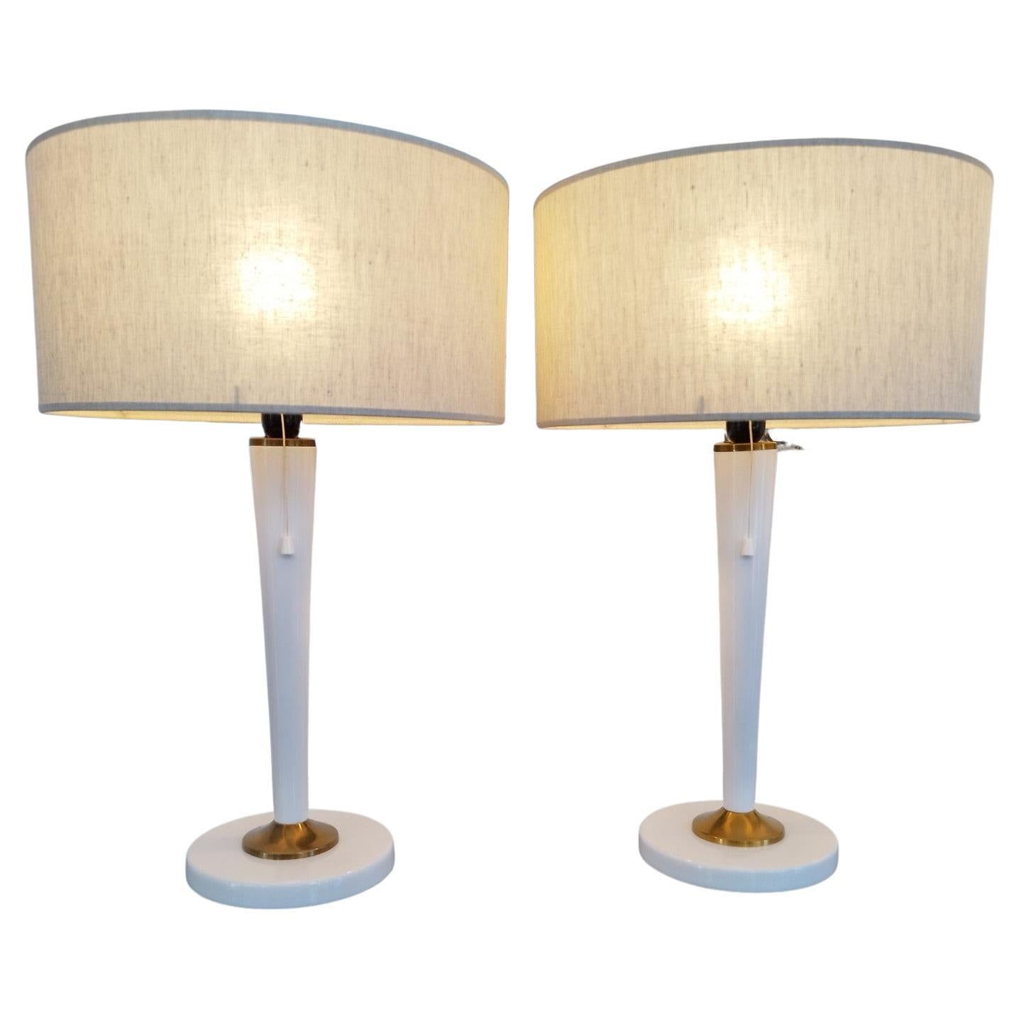 Pair of 1970 White Lacquered and Brass Lamps