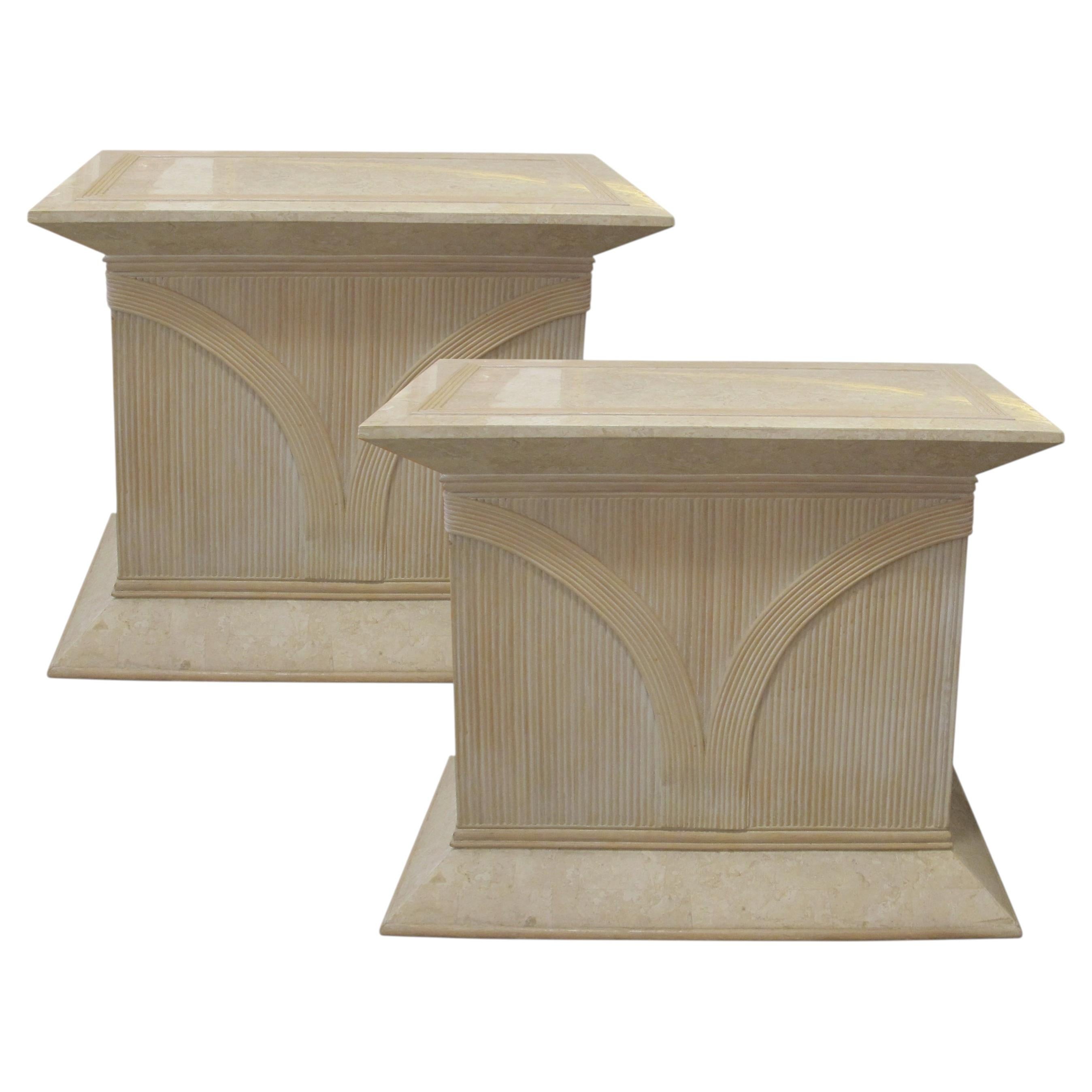 Pair of 1970s/80s Italian Rattan & Tessellated Travertine Pedestals