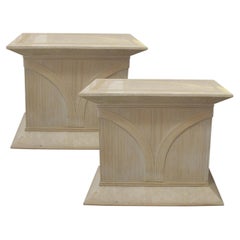Pair of 1970s/80s Italian Rattan & Tessellated Travertine Pedestals