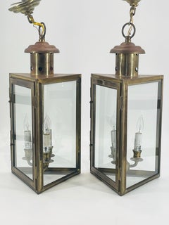 Pair of 1970s American Solid Brass Glass Lantern Pendant Sconces